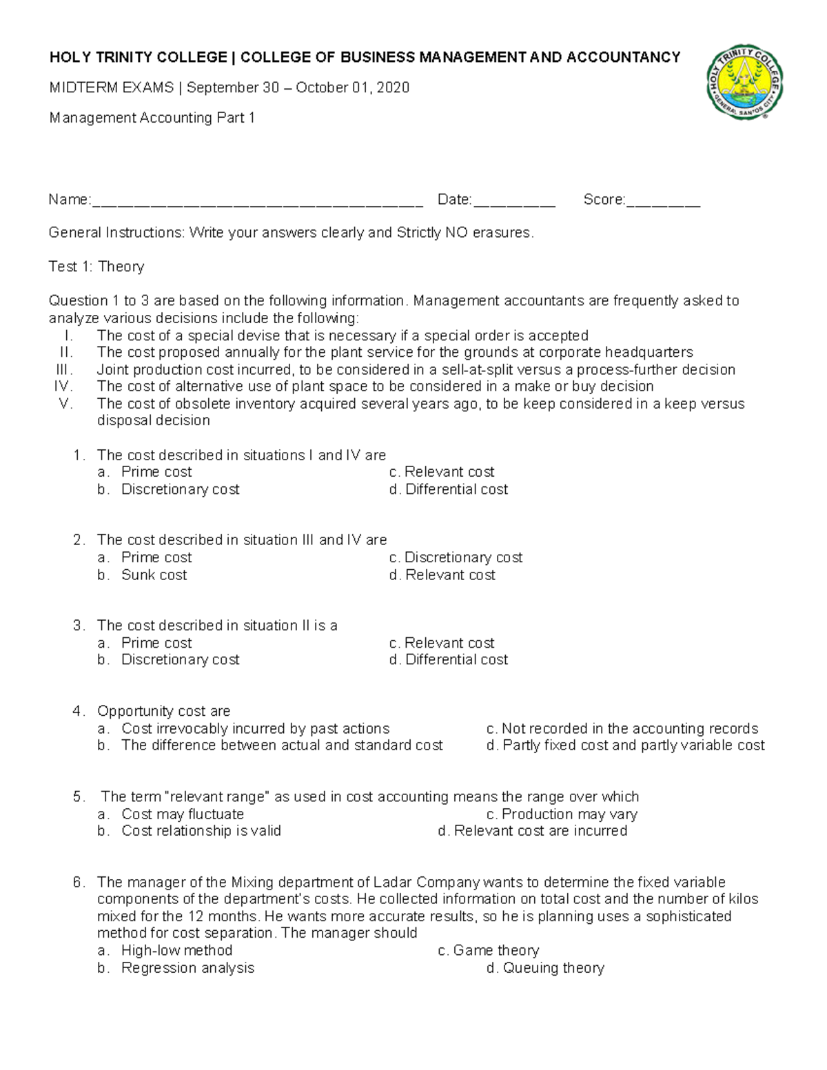 Management Accounting Part 1 - Midterm Exam - Accountancy - Studocu