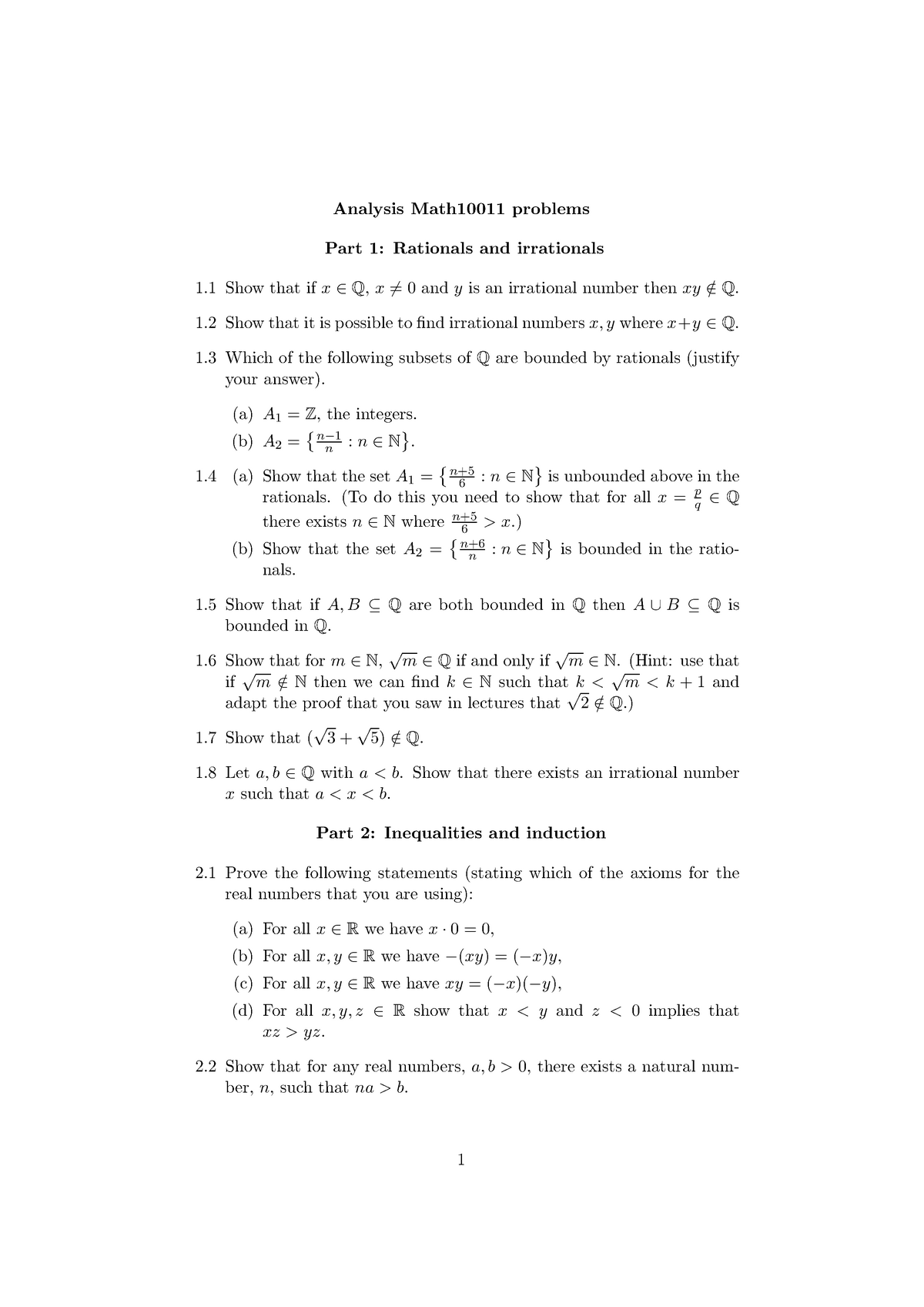 Analysis Exercises Analysis Math Problems Part 1 Rationals And Irrationals 1 1 Show Studocu