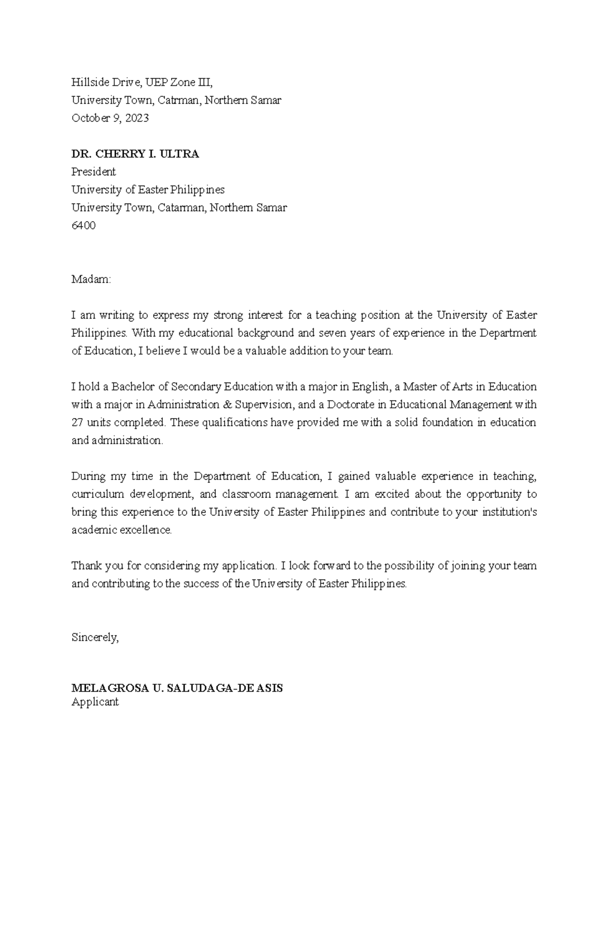 Application Letter - nnn - Hillside Drive, UEP Zone III, University ...