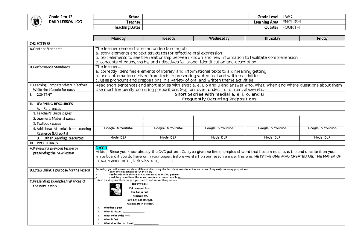 DLL English 2-3 - Q4 - W 5 - Copy - Grade 1 to 12 DAILY LESSON LOG ...