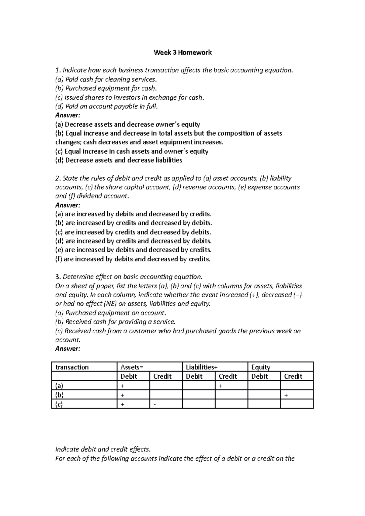 WEEK3 homework - Week 3 Homework Indicate how each business transaction ...