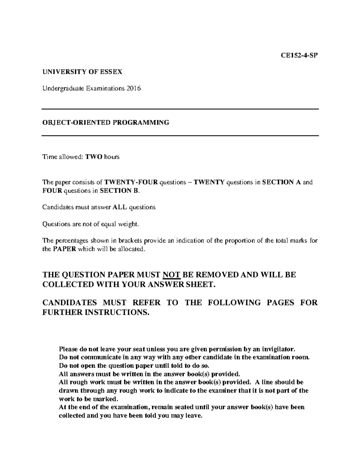 Exam 2016 Questions CE152 4 SP UNIVERSITY OF ESSEX Undergraduate