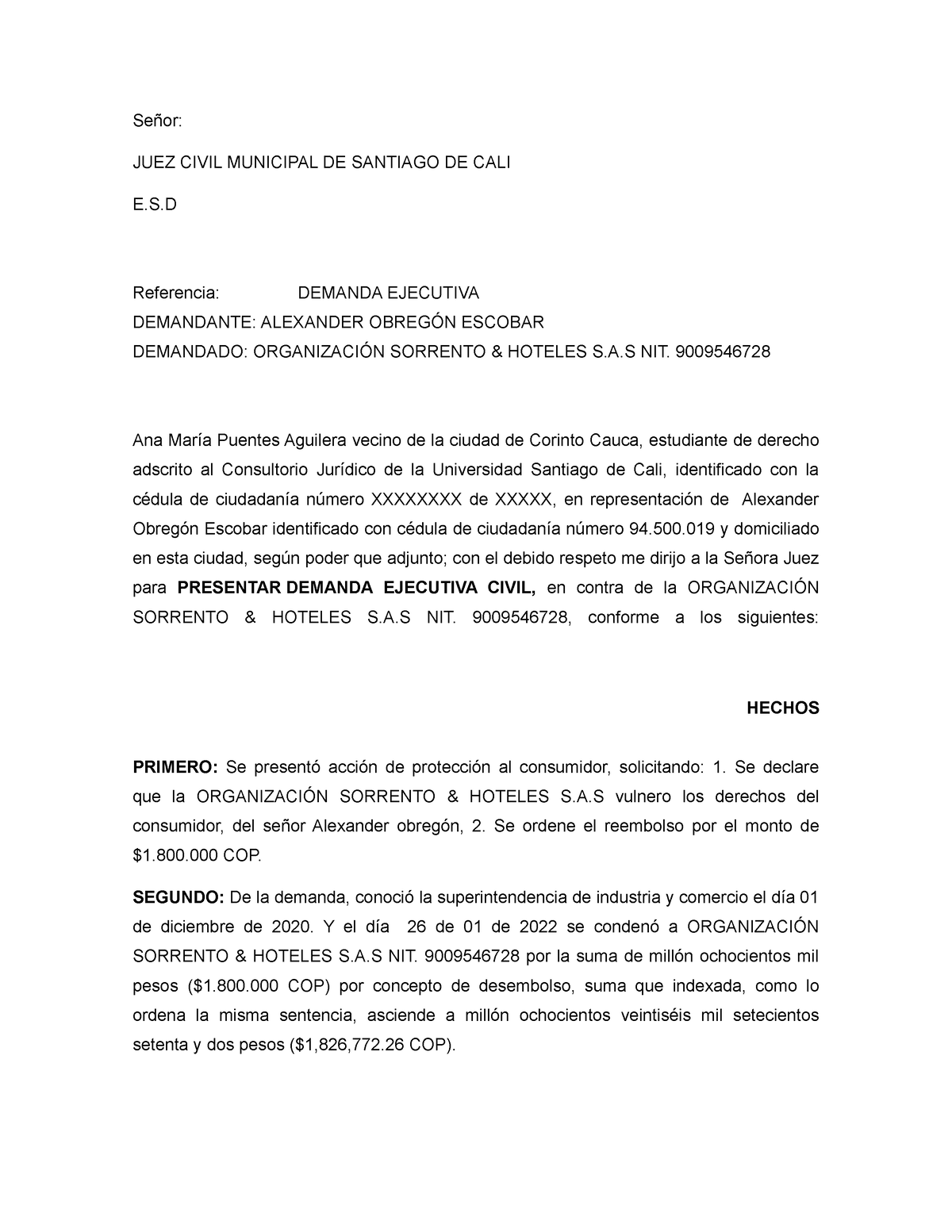 72 Modelo Demanda Ejecutiva Laboral - Señor: JUEZ CIVIL MUNICIPAL DE ...