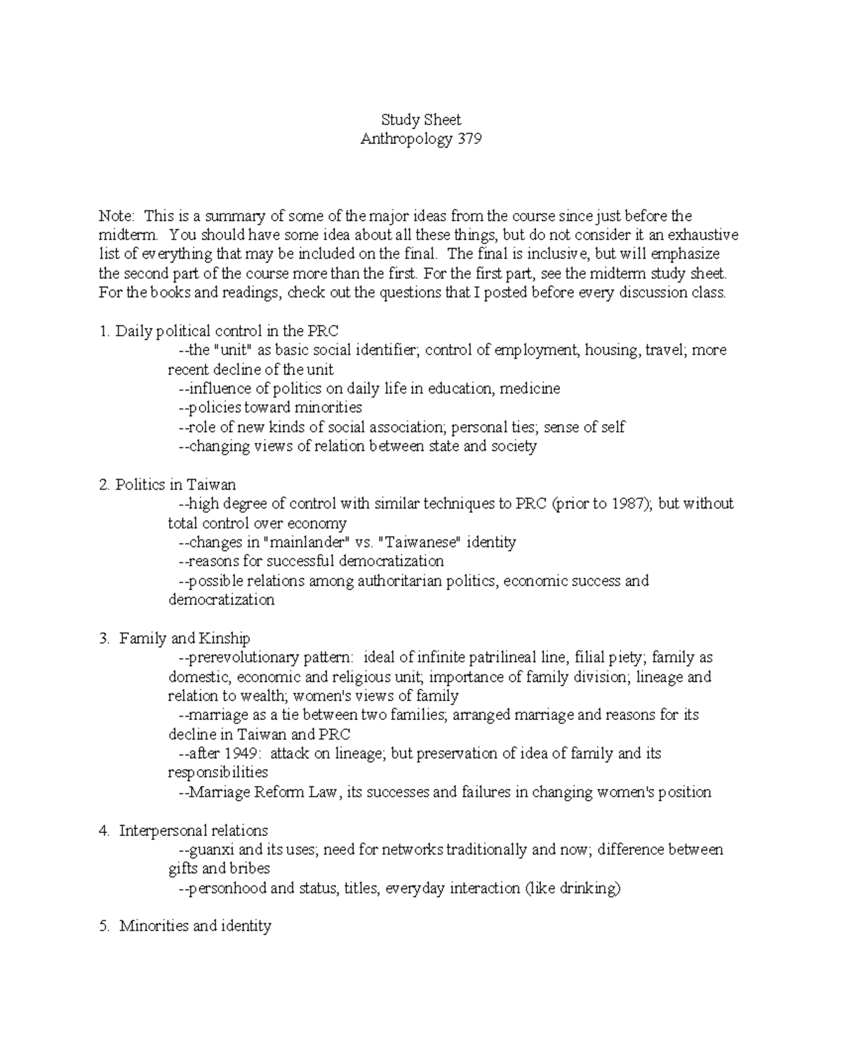 379 Final Study Sheet - note - Study Sheet Anthropology 379 Note: This ...