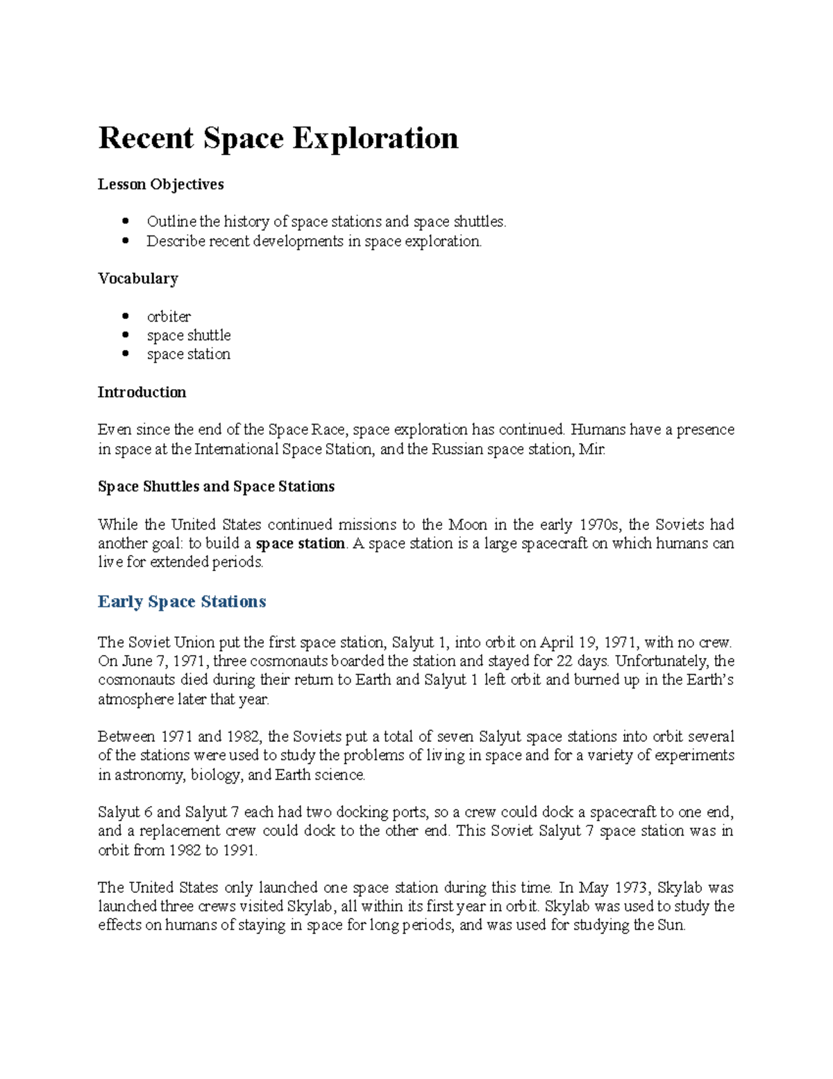 recent-space-exploration-recent-space-exploration-lesson-objectives