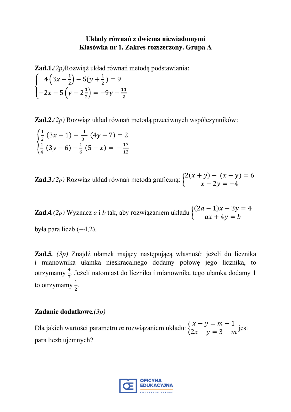 2019 1 Klasowka Kl1 Uklady Zr A Wer1 - Układy Równań Z Dwiema ...