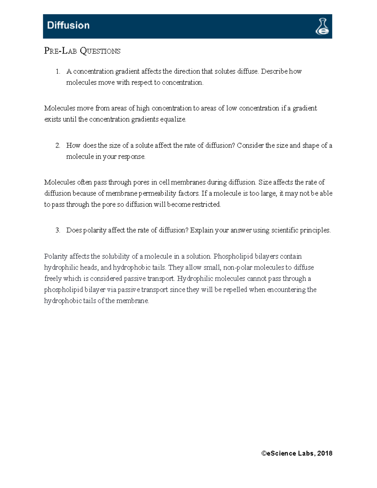 IB 1108 L06 Diffusion Lab eScience Labs PRELABQUESTIONS 1. A