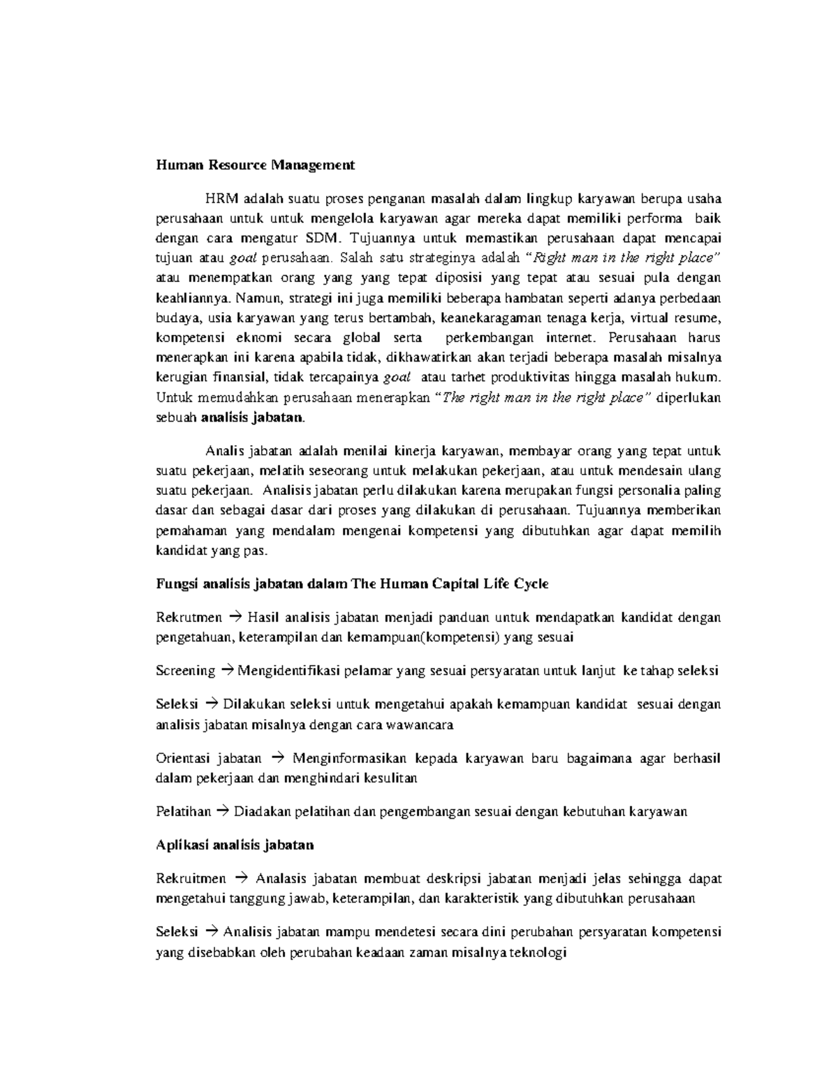 Rangkuman Materi Analisis Jabatan - Human Resource Management HRM