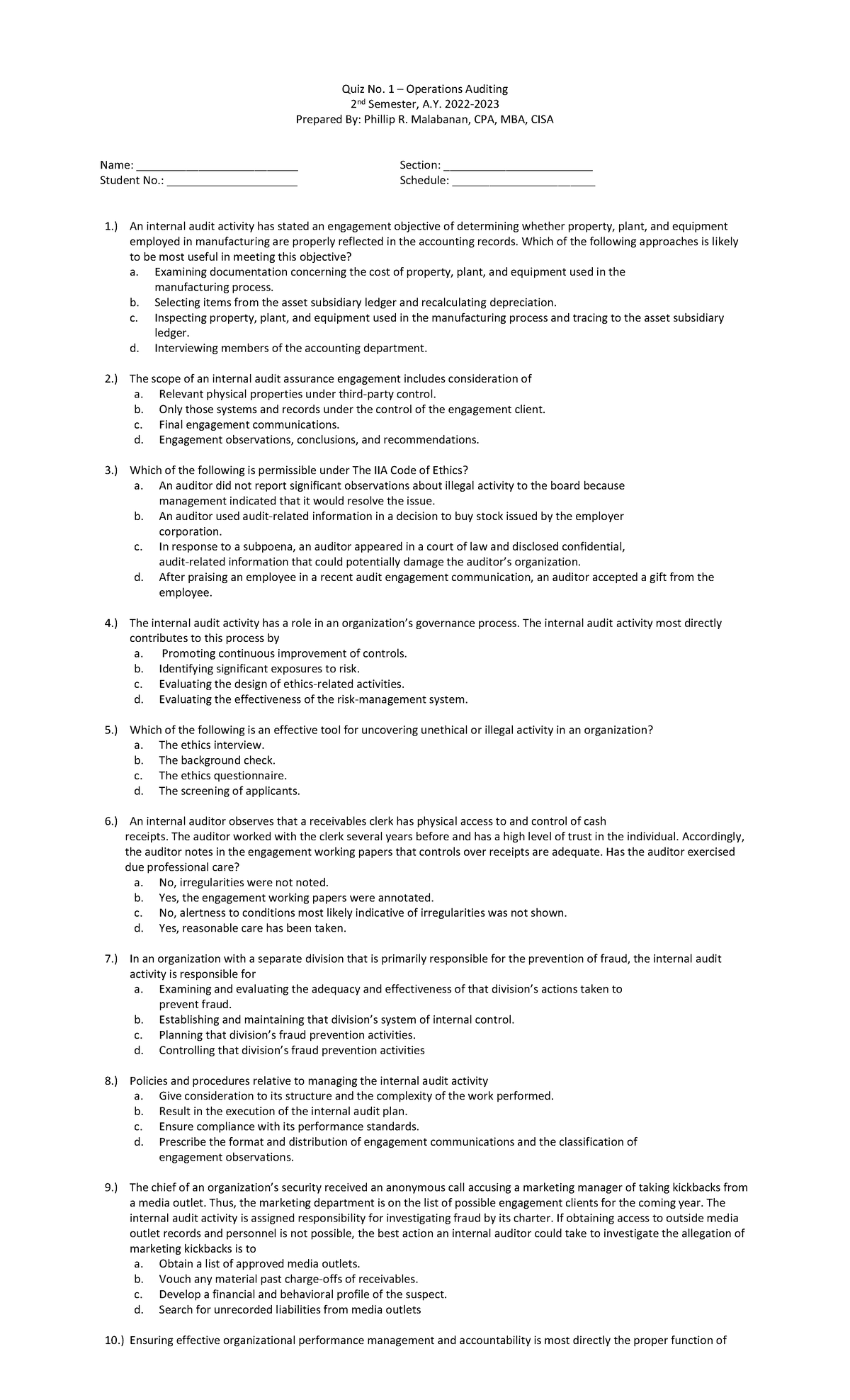 Quiz No 1.A - Operations Auditing Questionnaire - Quiz No. 1 ...