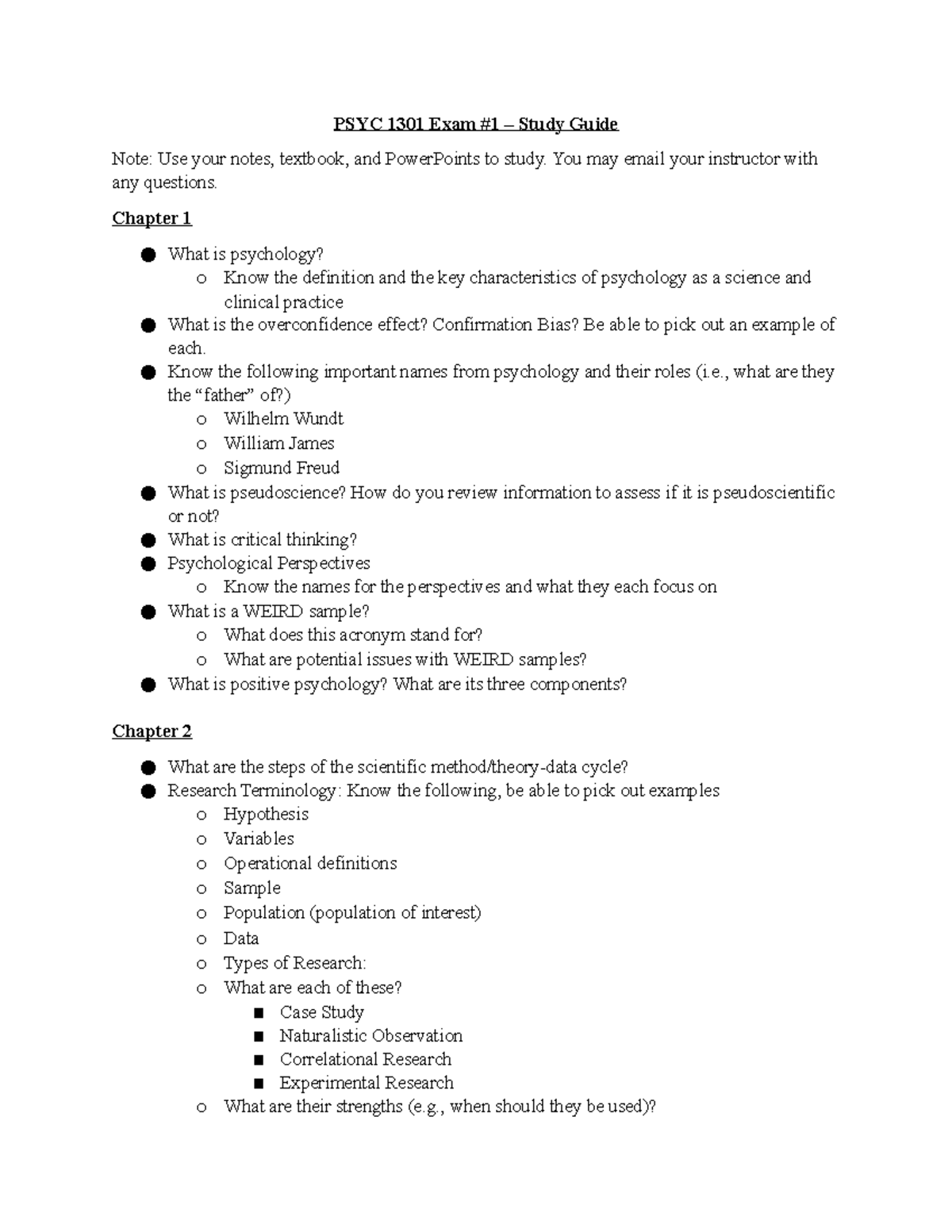 1301.3 Exam 1 - Study Guide - PSYC 1301 Exam #1 – Study Guide Note: Use ...