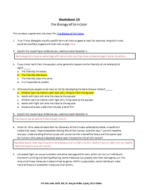 Worksheet 19 - The Biology of Skin Color - WS-Skin color, BIOS 208, Dr.  Bergan-Roller, Spring 2021 - Studocu