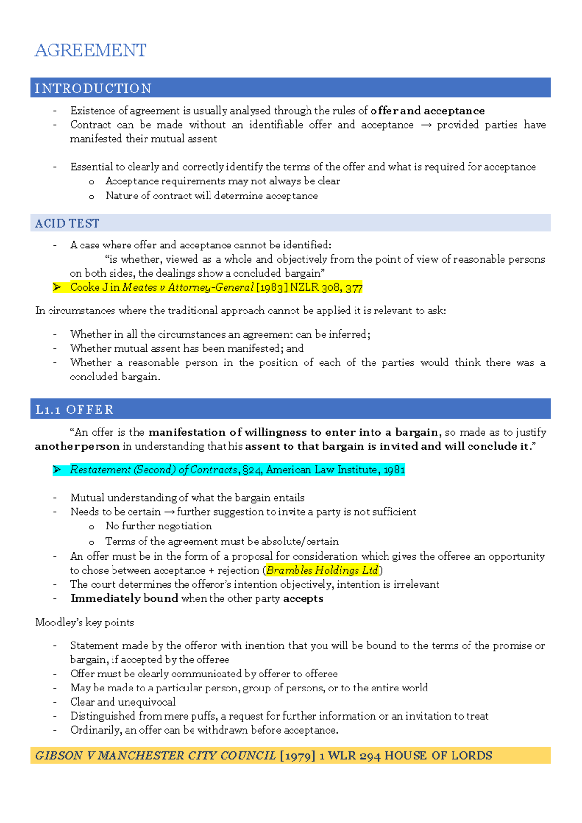 Agreement - AGREEMENT INTRODUCTION Existence of agreement is usually ...