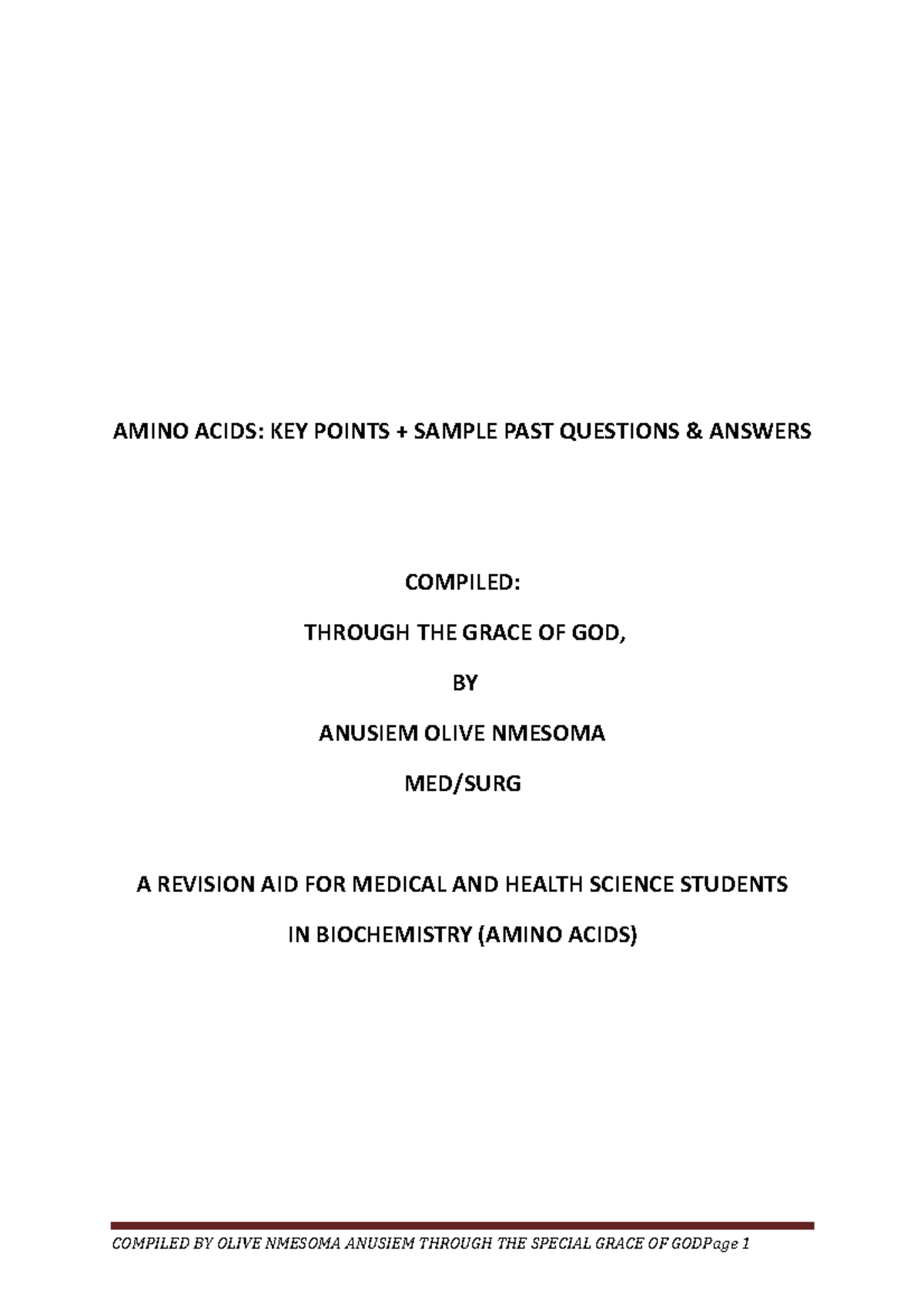Amino Acids KEY Points PAST Questions AND Answers AMINO ACIDS KEY