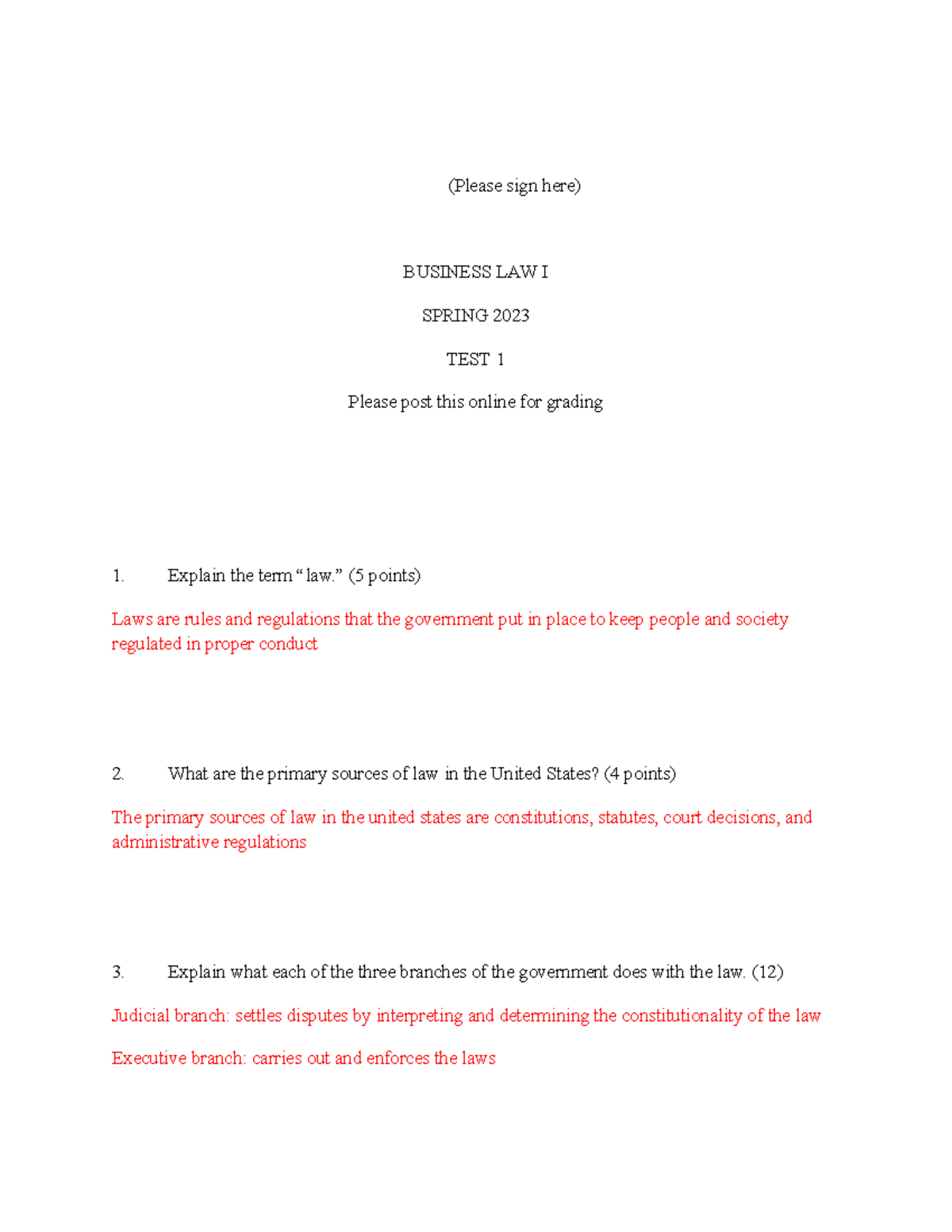 Test 1 Bus Law - Test Material - (Please Sign Here) BUSINESS LAW I ...