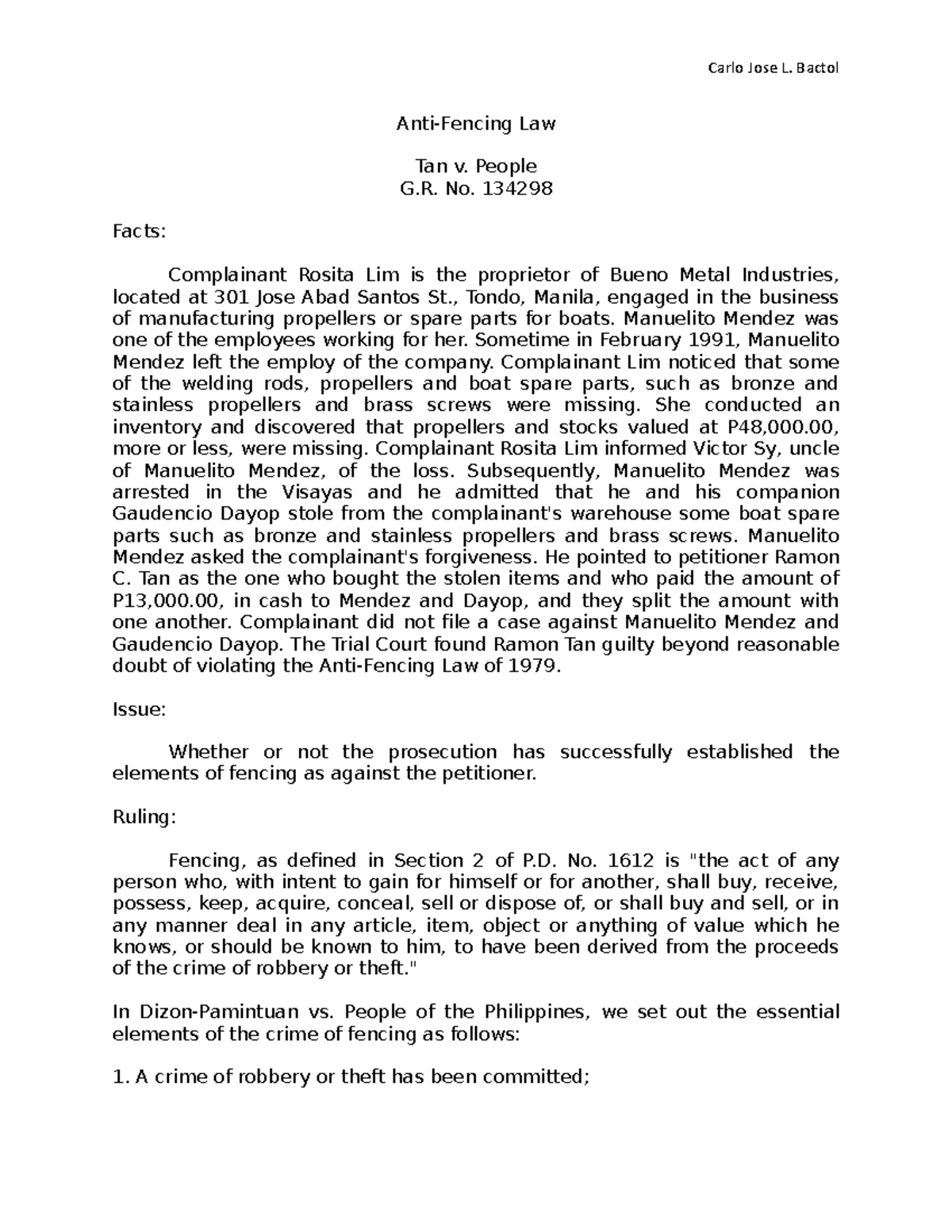 Criminal Law 2 Digest AntiFencing Law Tan v. People G. No. 134298