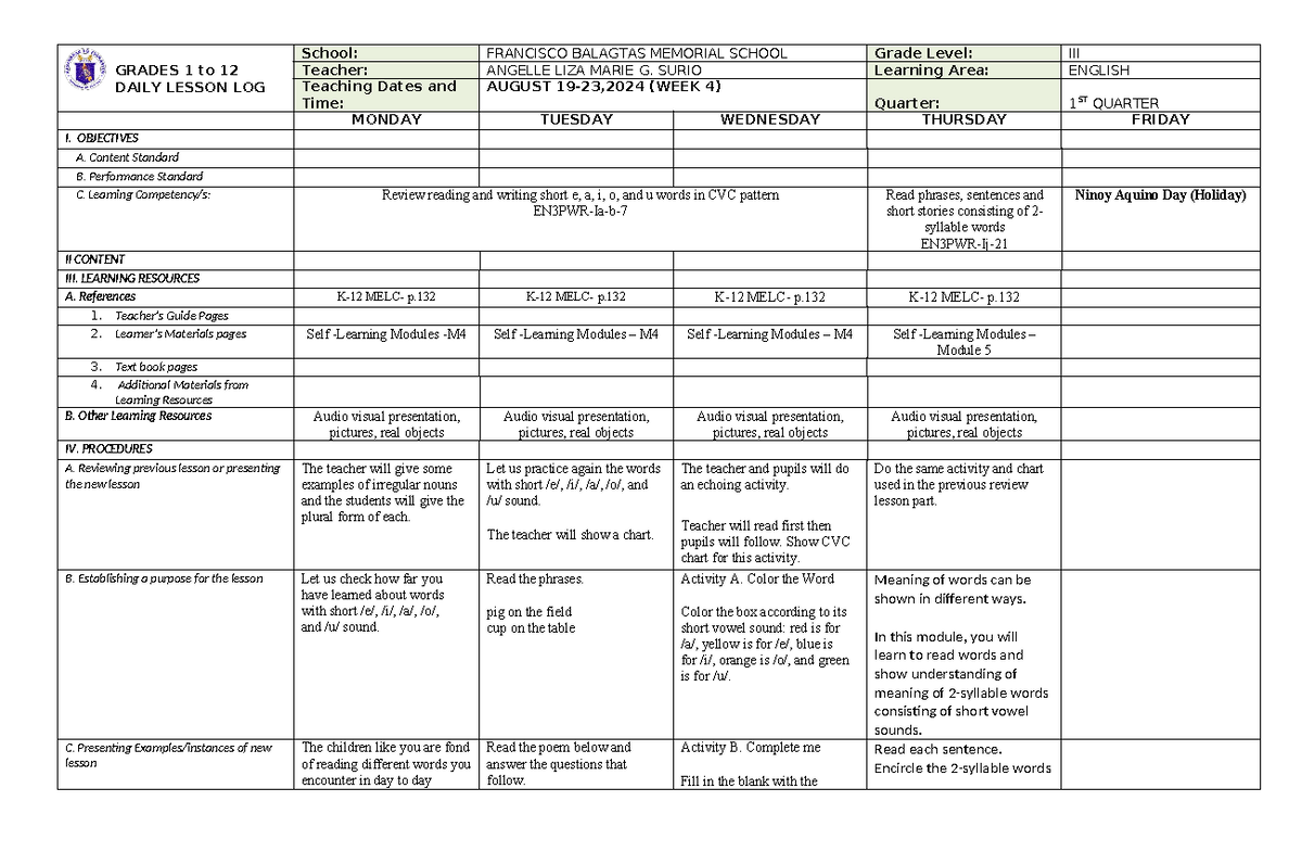 DLL Q1 English WEEK4 - yes - GRADES 1 to 12 DAILY LESSON LOG School ...