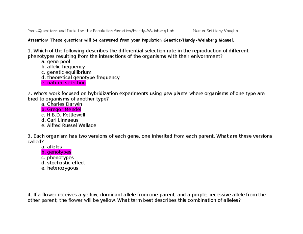 Population Hardy WeinbergPost lab questions and data11