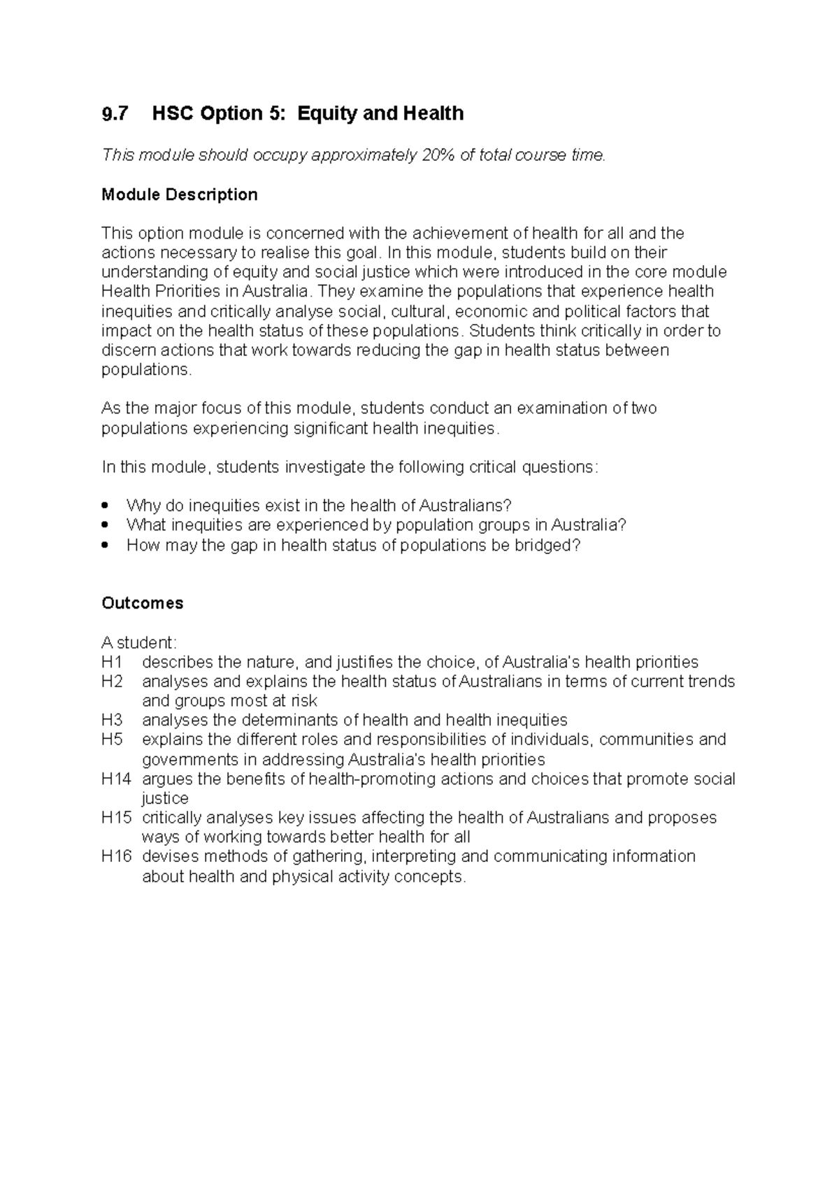 course syllabus and information - 9 HSC Option 5: Equity and Health ...