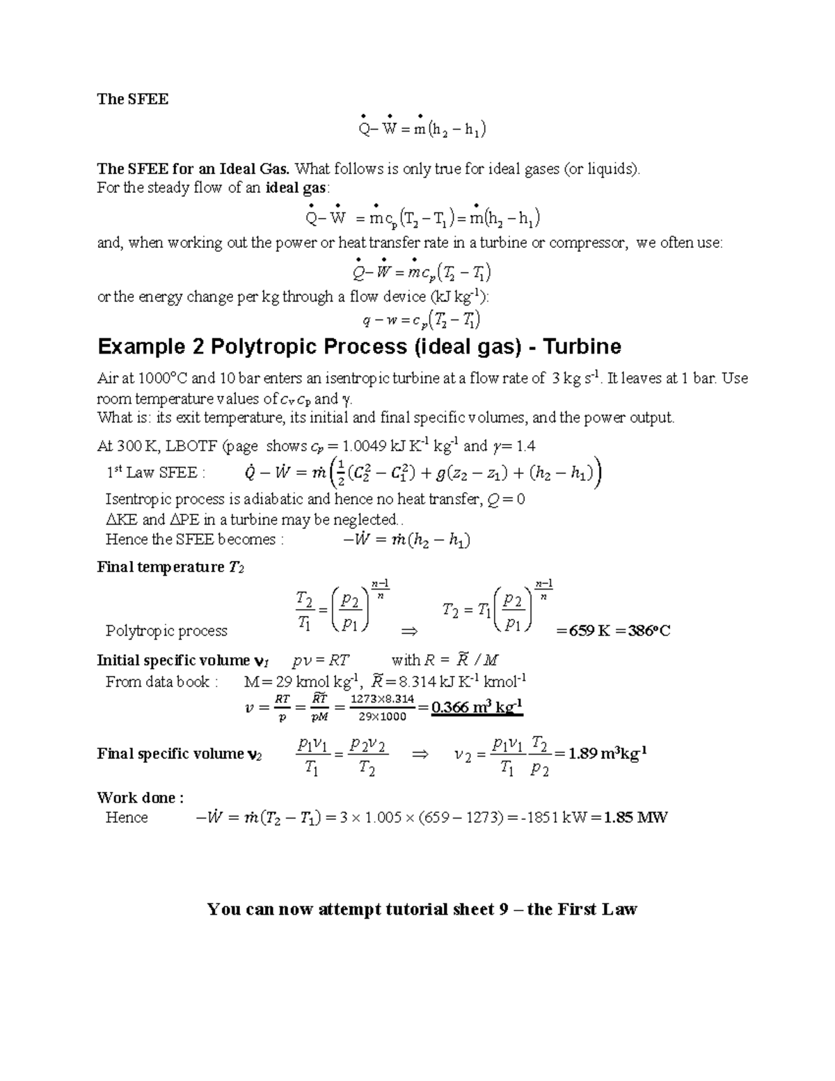 10 The first law-1-6-6 - Lecture notes 10 - The SFEE ( ) 2 1 Q − W=mh − ...