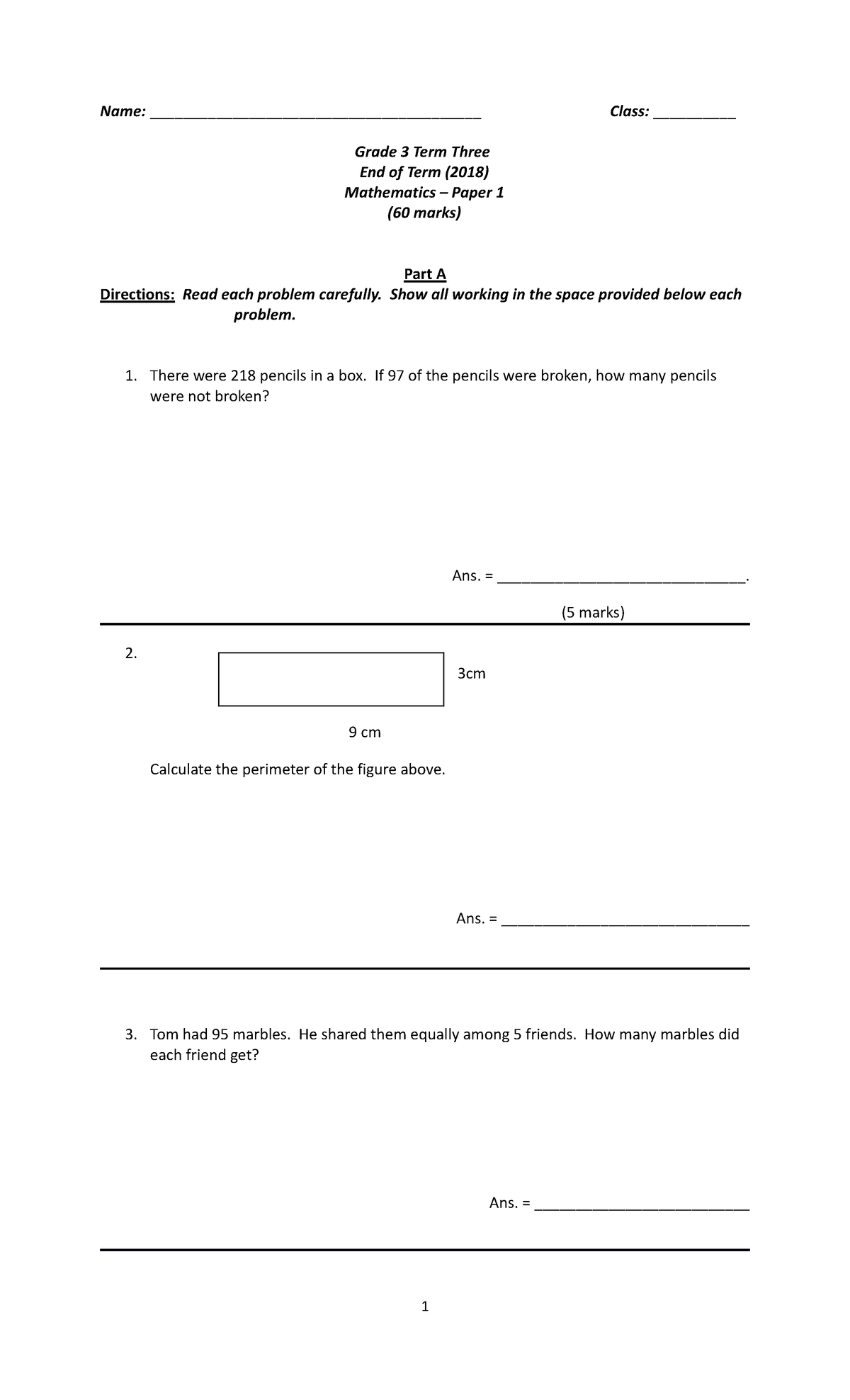 Grade 3 term three Maths paper 1 exams (2018 ) - Name