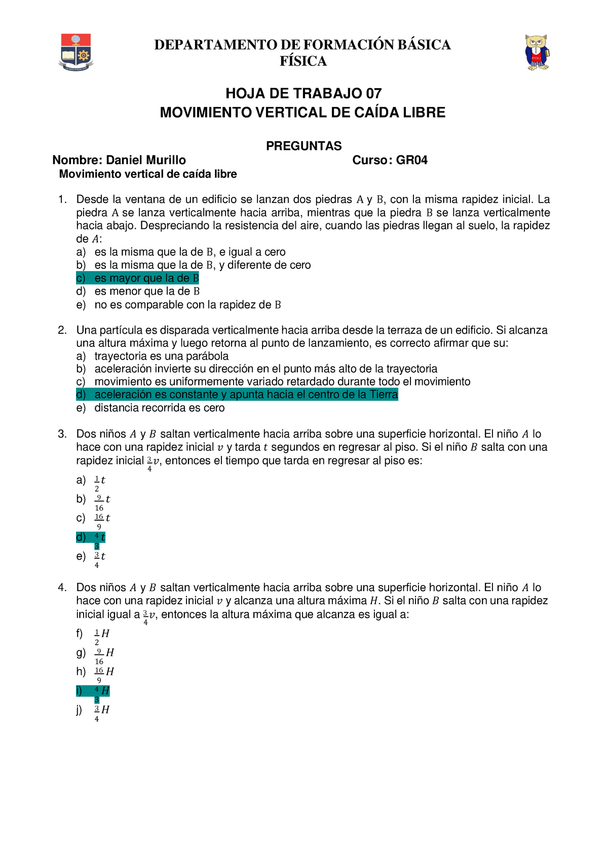 Hoja De Trabajo 07 - Movimiento Vertical De Caída Libre - Daniel ...