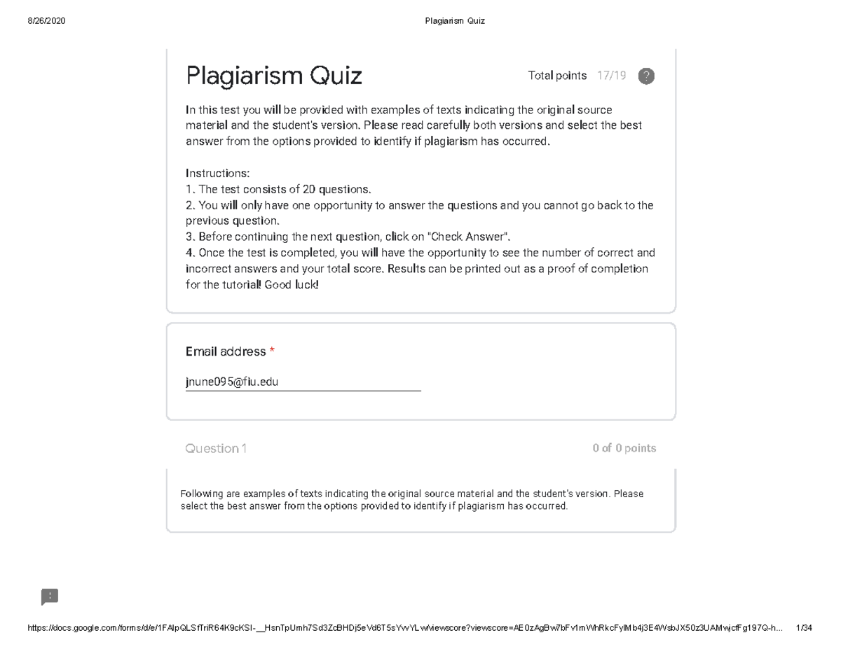 Plagiarism Quiz Quiz Studocu