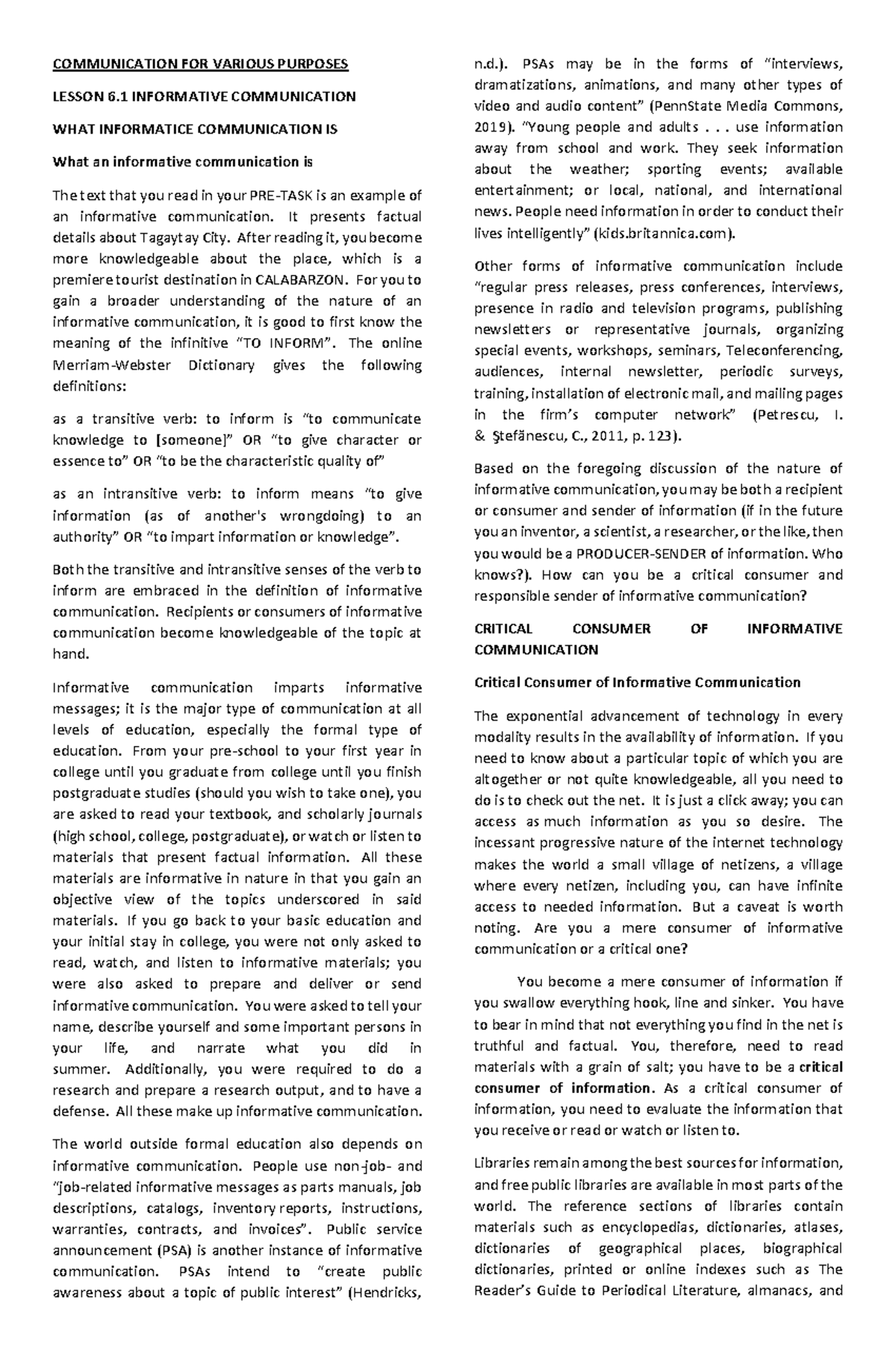 Communication FOR Various Purposes Notes AB Psychology La Salle