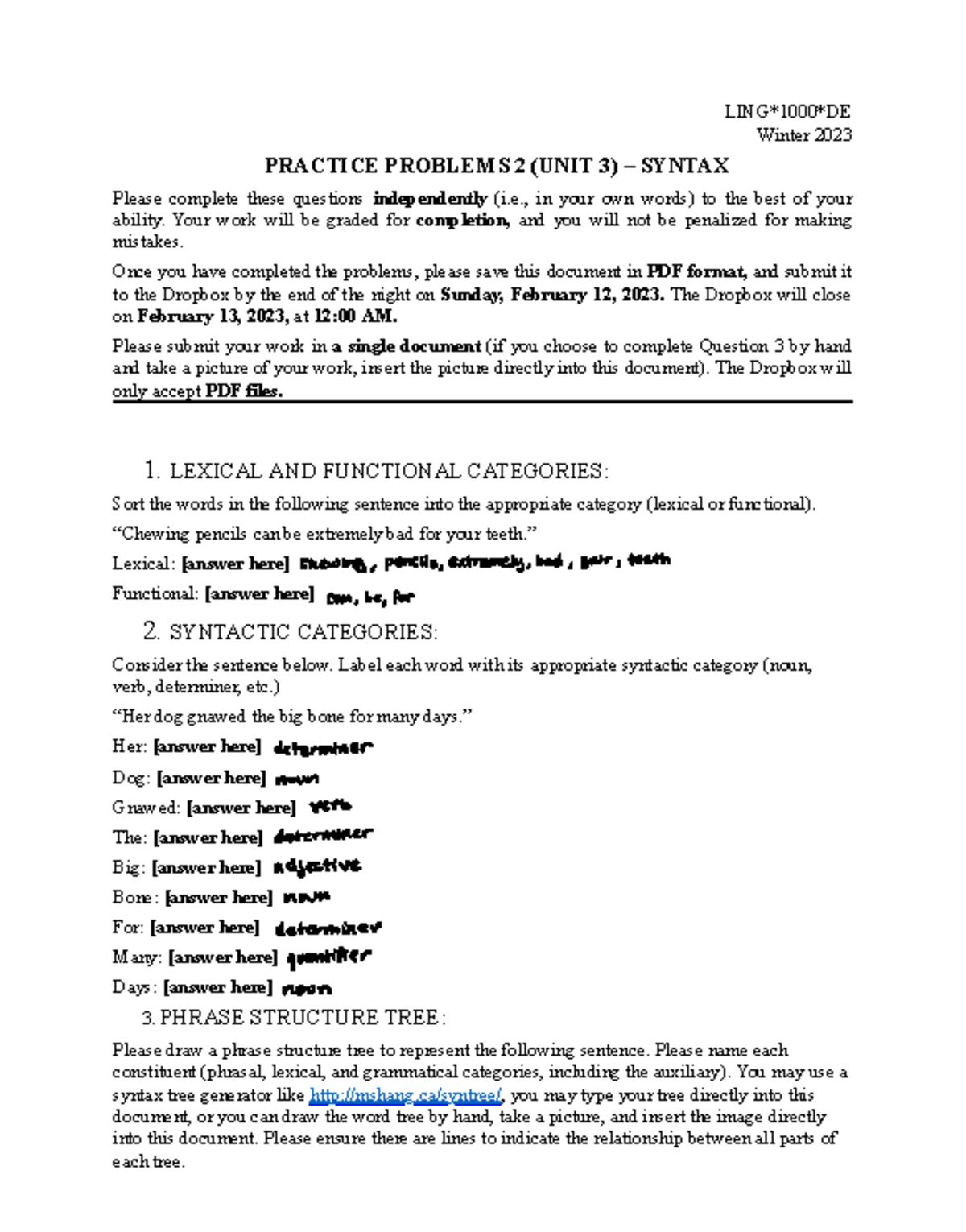 Practice Problems 2 (Unit 3) - Syntax - LING1 00 0DE Winter 2023 ...