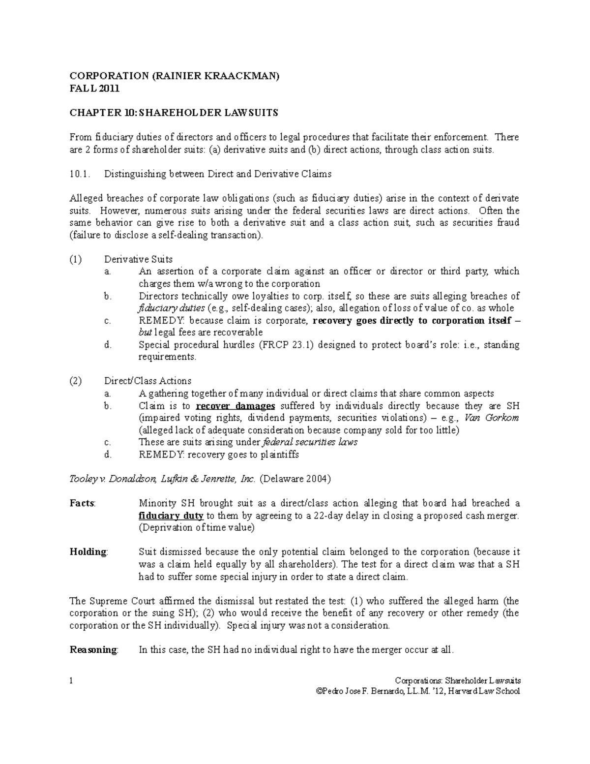 Corporation Law lecture notes with Prof. Kraakman - CORPORATION ...