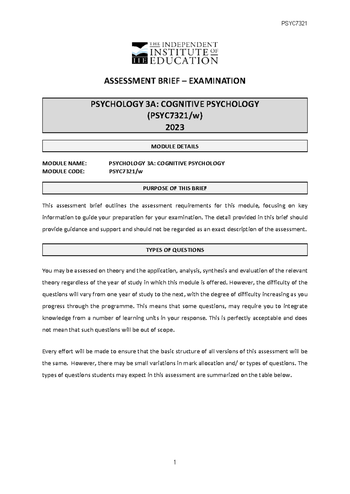 PSYC7321 Examination Brief - PSYC 1 ASSESSMENT BRIEF – EXAMINATION ...