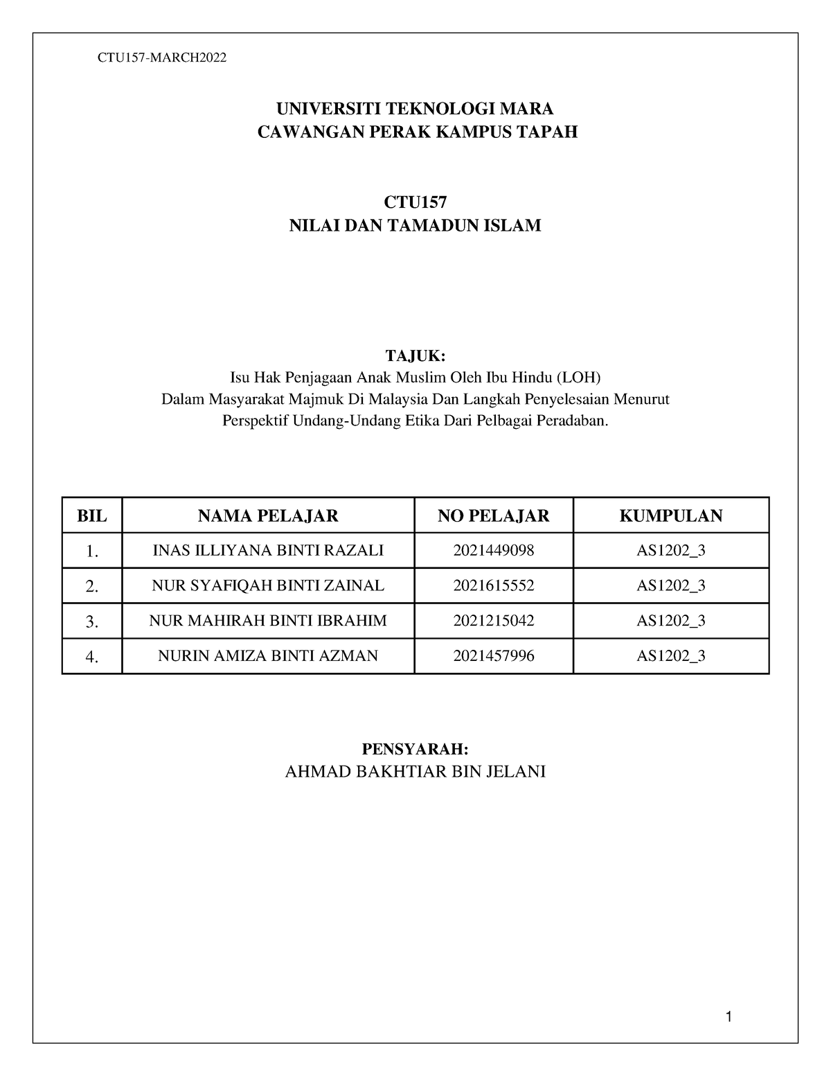 Kertas Kerja CTU152 2022 - UNIVERSITI TEKNOLOGI MARA CAWANGAN PERAK ...