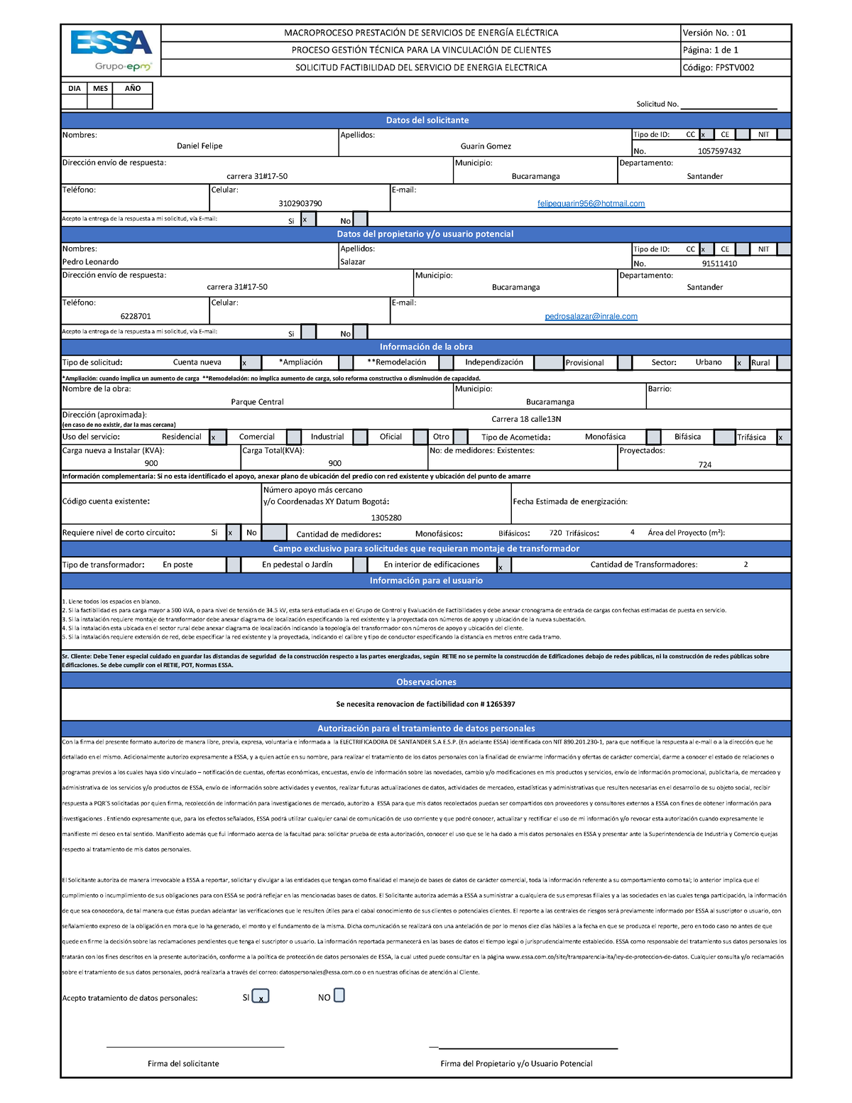 Fpstv 002-V1-Solicitud Factibilidad Del Servicio De Energia Electrica ...