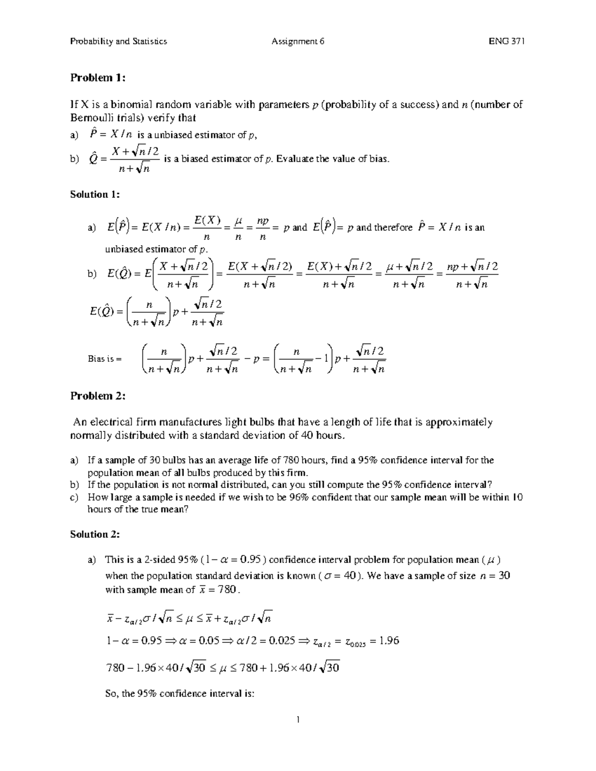 Assignment #6 Solutions - Problem 1: If X is a binomial random variable ...