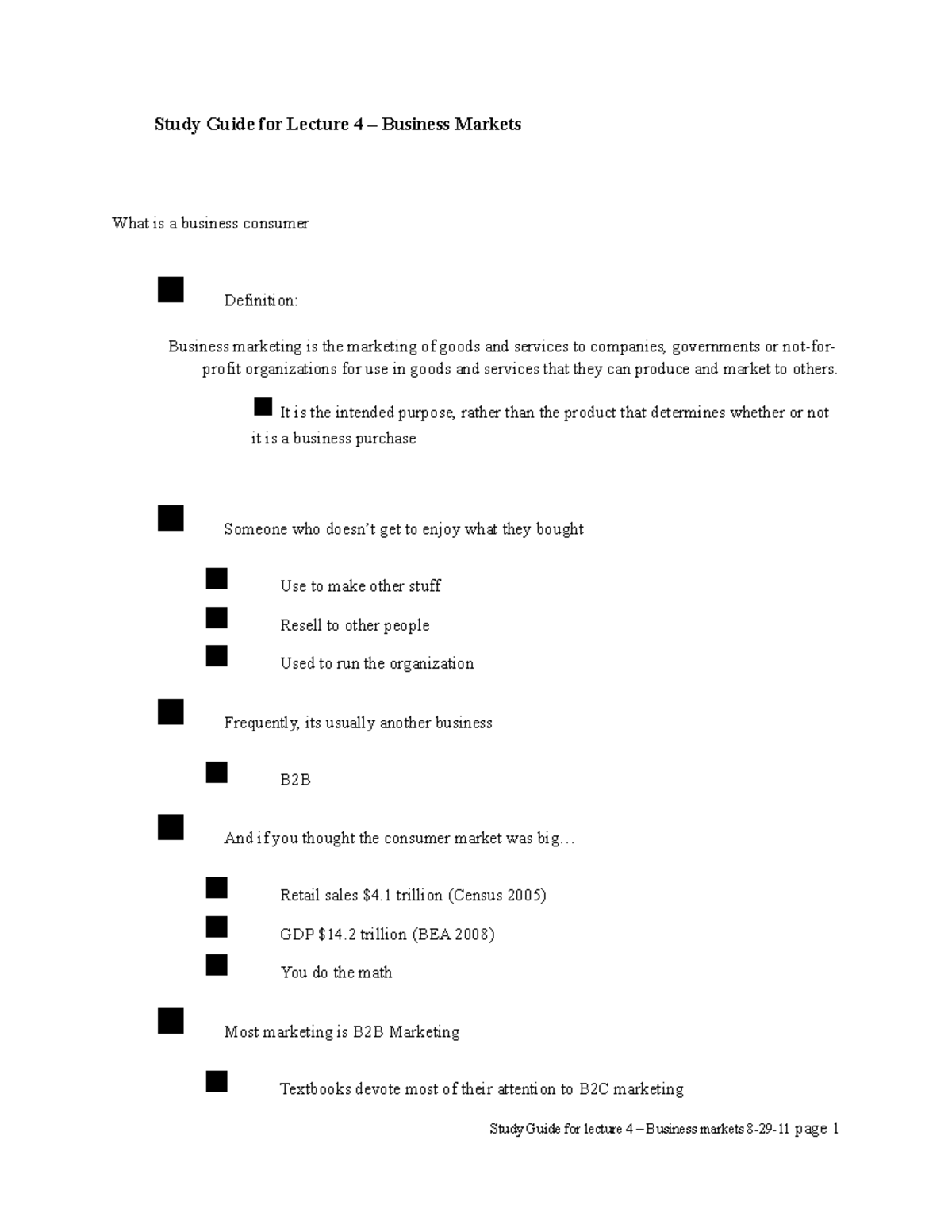 Study Guide for Lecture 4 - Business Markets - Study Guide for Lecture ...