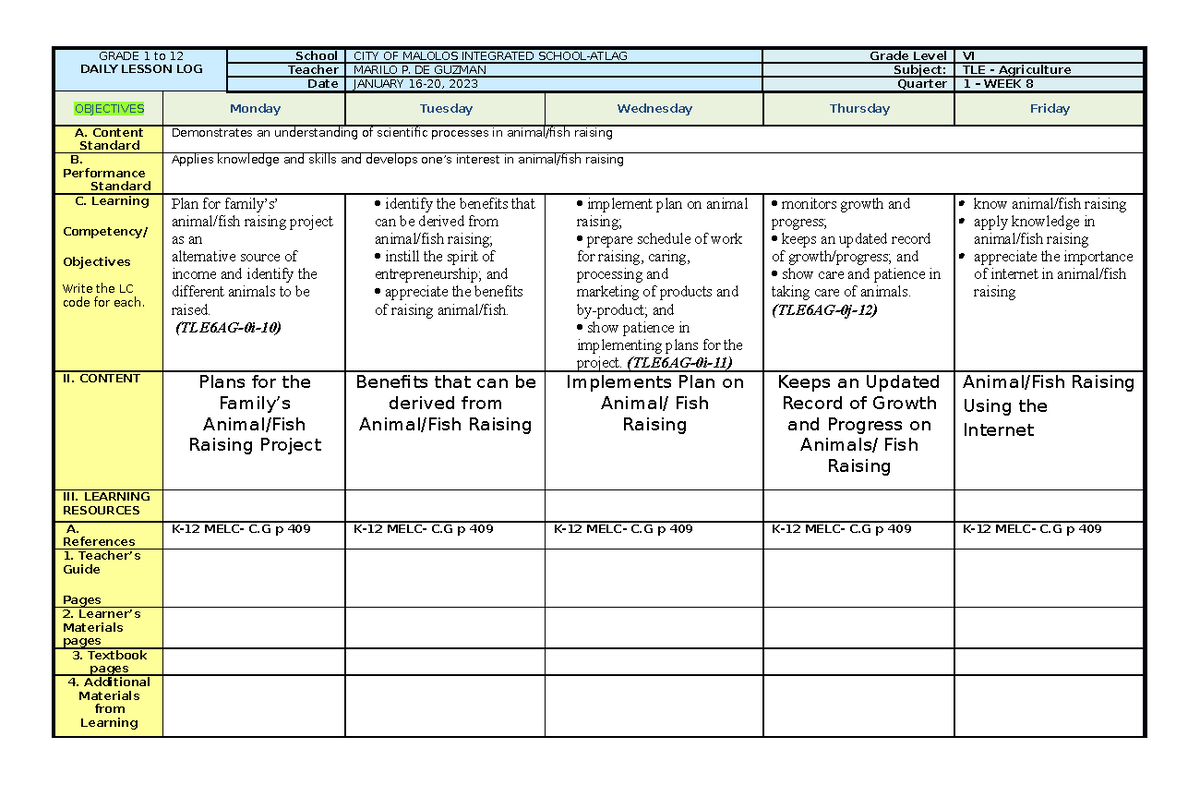 WEEK9 dll TLE agri - Good day - GRADE 1 to 12 DAILY LESSON LOG School ...