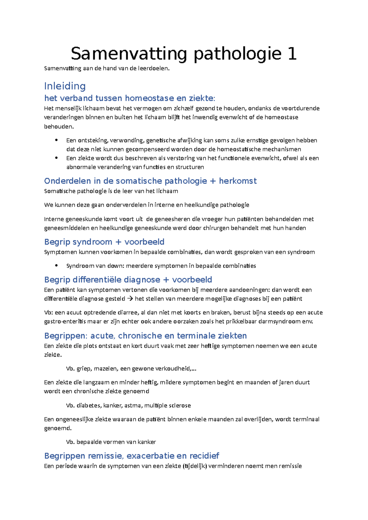 Samenvatting Pathologie 1 Afgewerkt(neurologie Ontbreekt ...