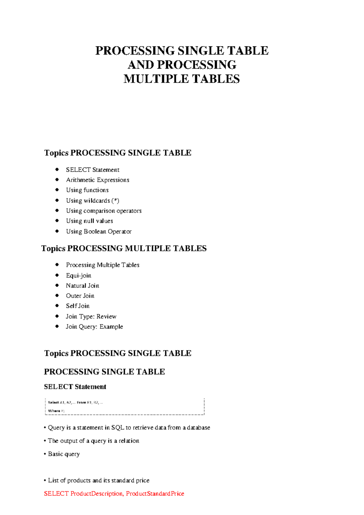 Processing Single Table AND Processing Multiple Tables - PROCESSING ...