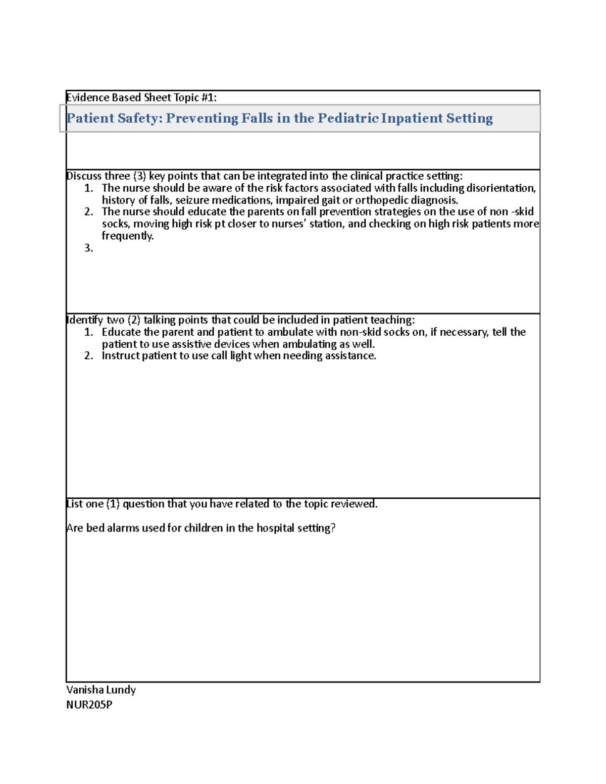 Lundy..3-2-1 - Evidence Based Sheet Topic #1: Patient Safety ...