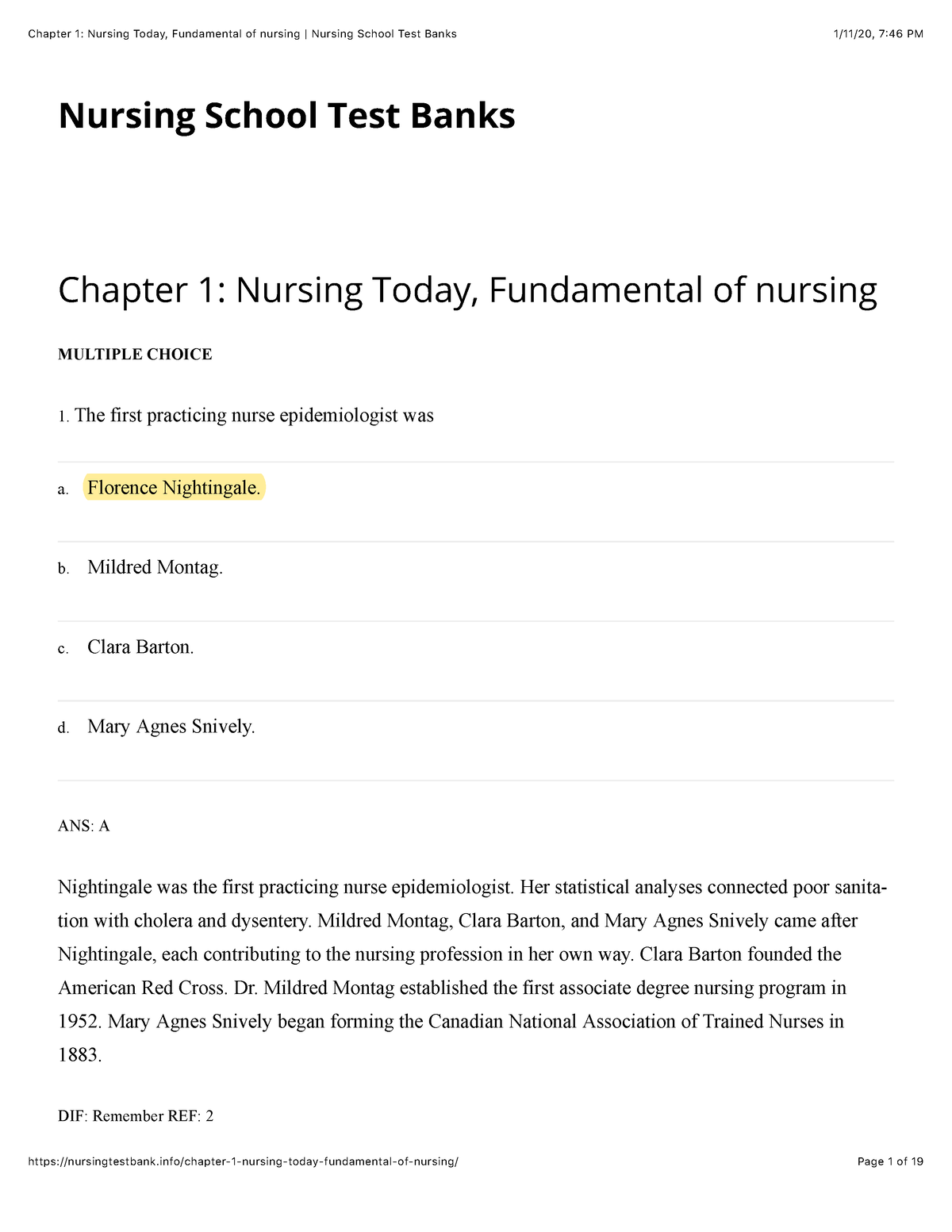 Fundamental of Nursing - Nursing School Test Banks Chapter 1: Nursing ...