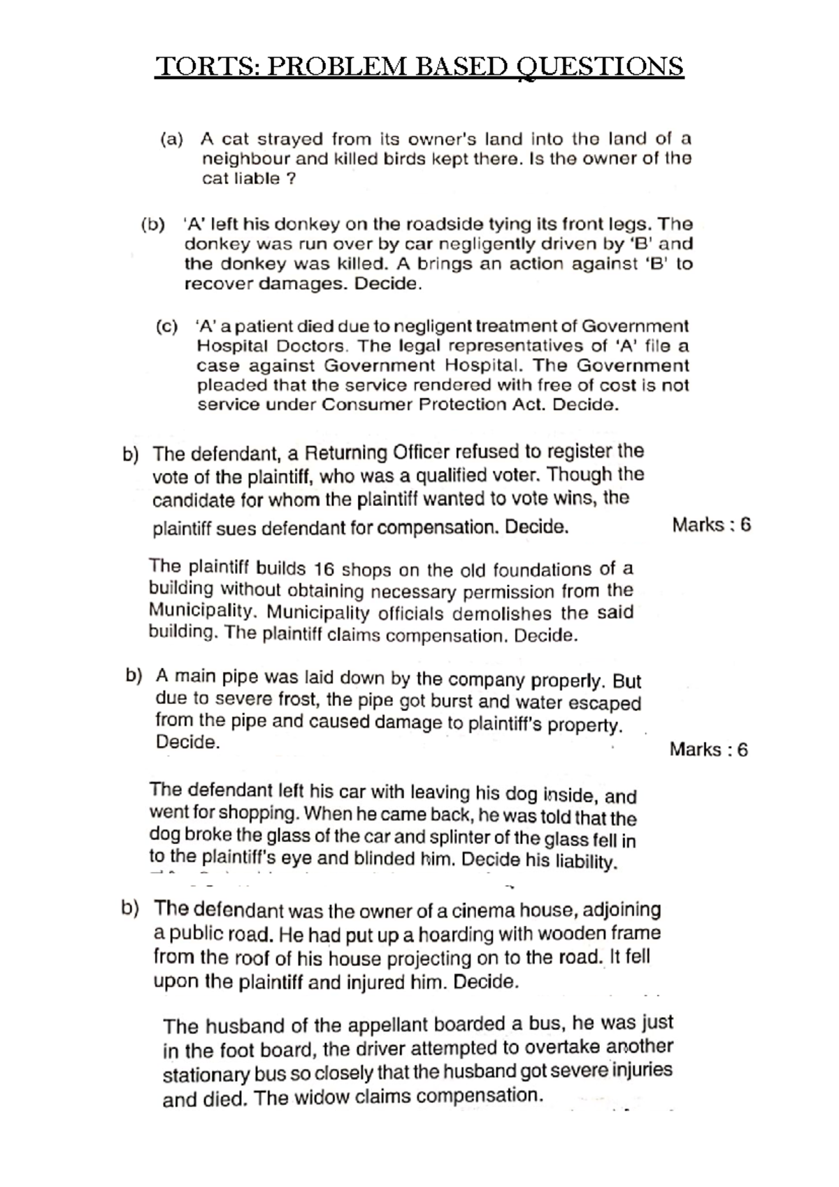 Torts - Problem based questions - TORTS: PROBLEM BASED QUESTIONS (a) A ...