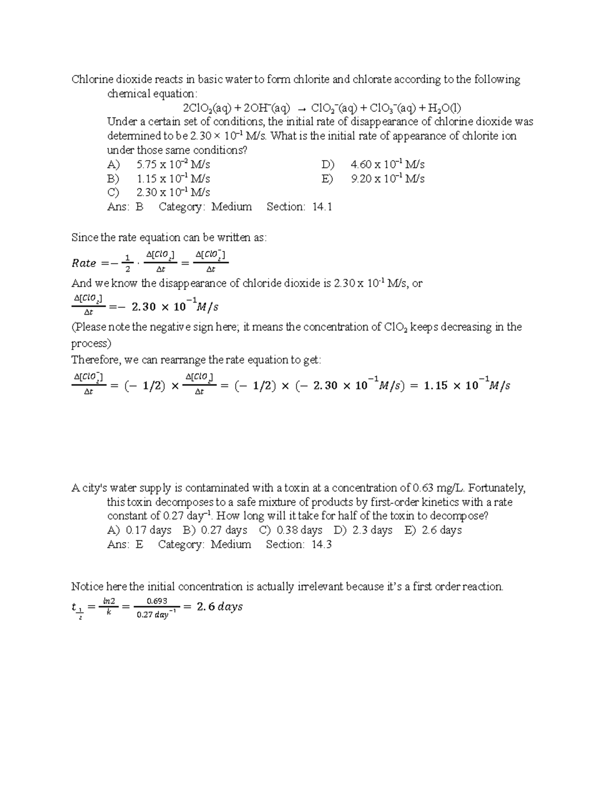 Quiz 6 answer - Gen chem quiz - Chlorine dioxide reacts in basic water ...