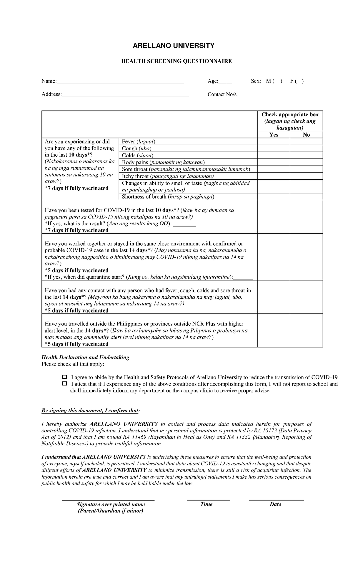 Health Symptoms Questionnaire for F2F - ARELLANO UNIVERSITY HEALTH ...