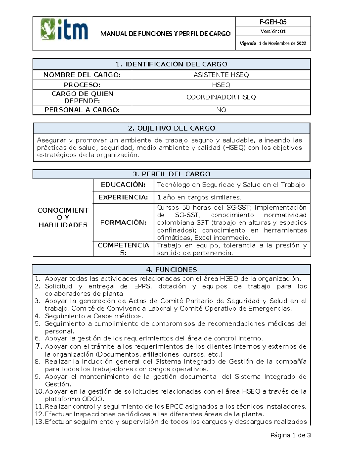 Asistente HSEQ - HSEQ - MANUAL DE FUNCIONES Y PERFIL DE CARGO F-GEH ...