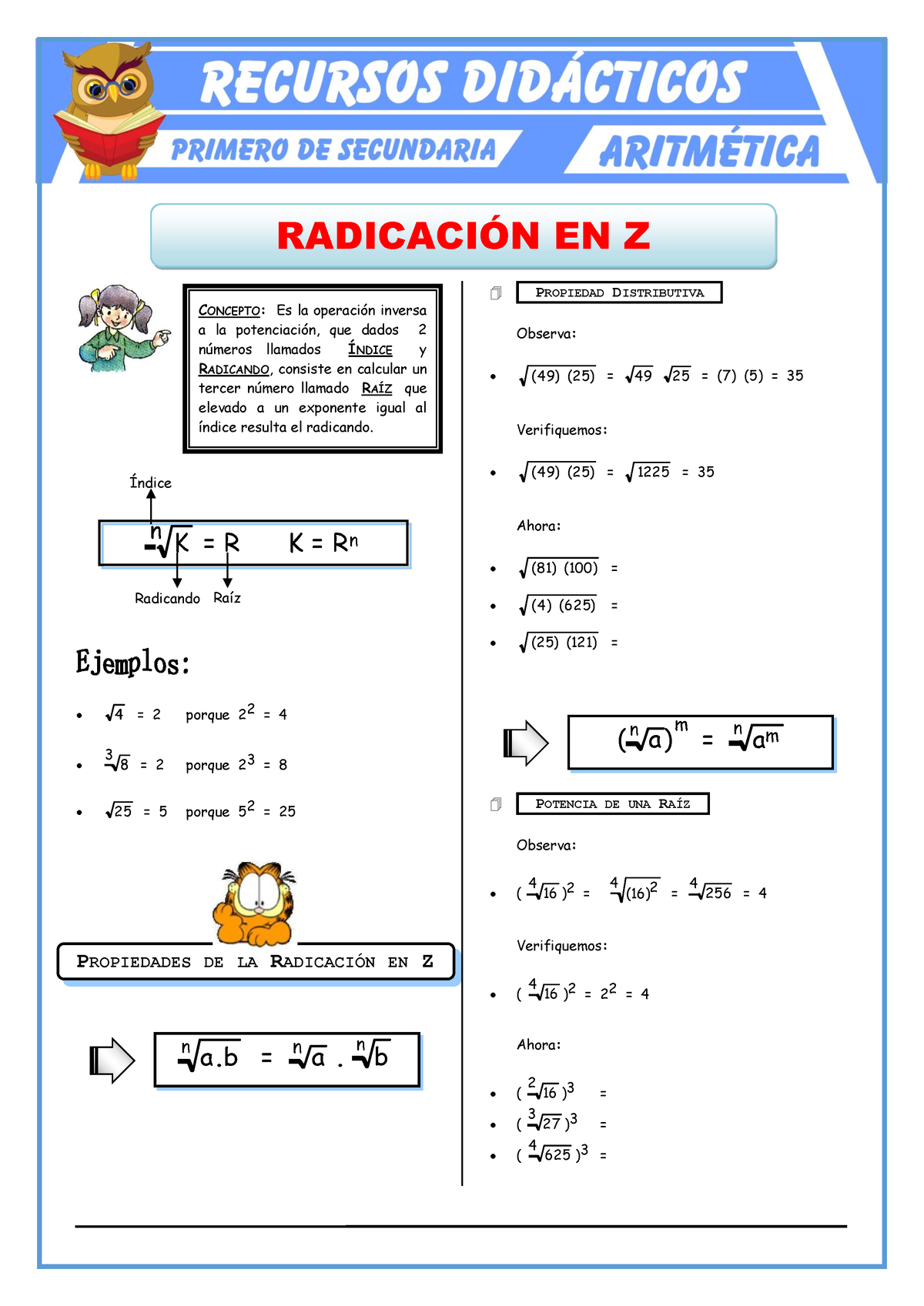 Radicación De Números Enteros Para Primero De Secundaria - RADICACI”N ...