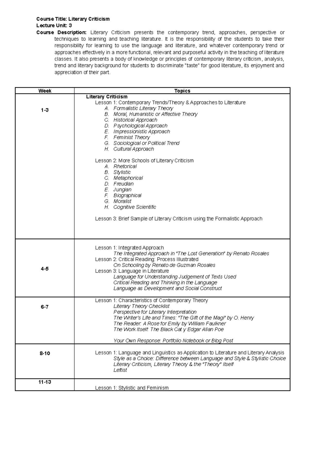 Literary Criticism Course Outline - Course Title: Literary Criticism ...