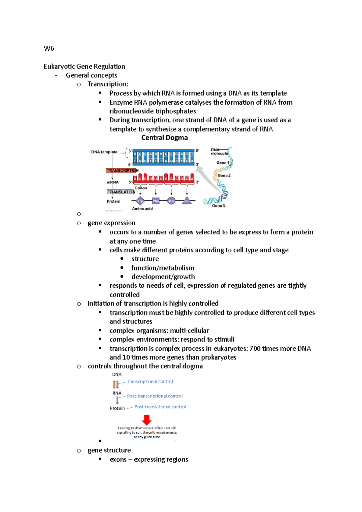 W6-end notes BIOL215 - W Eukaryotic Gene Regulation - General concepts ...