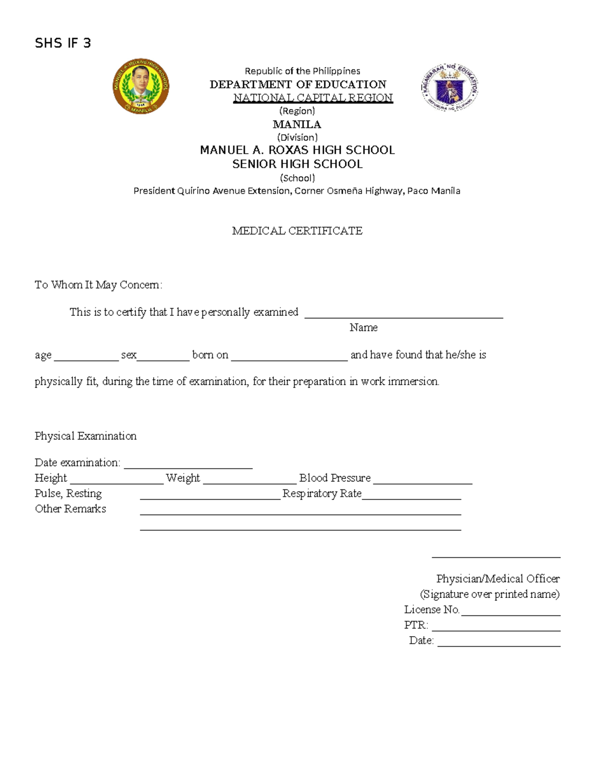 Medical-certificate-national - SHS IF 3 Republic of the Philippines ...