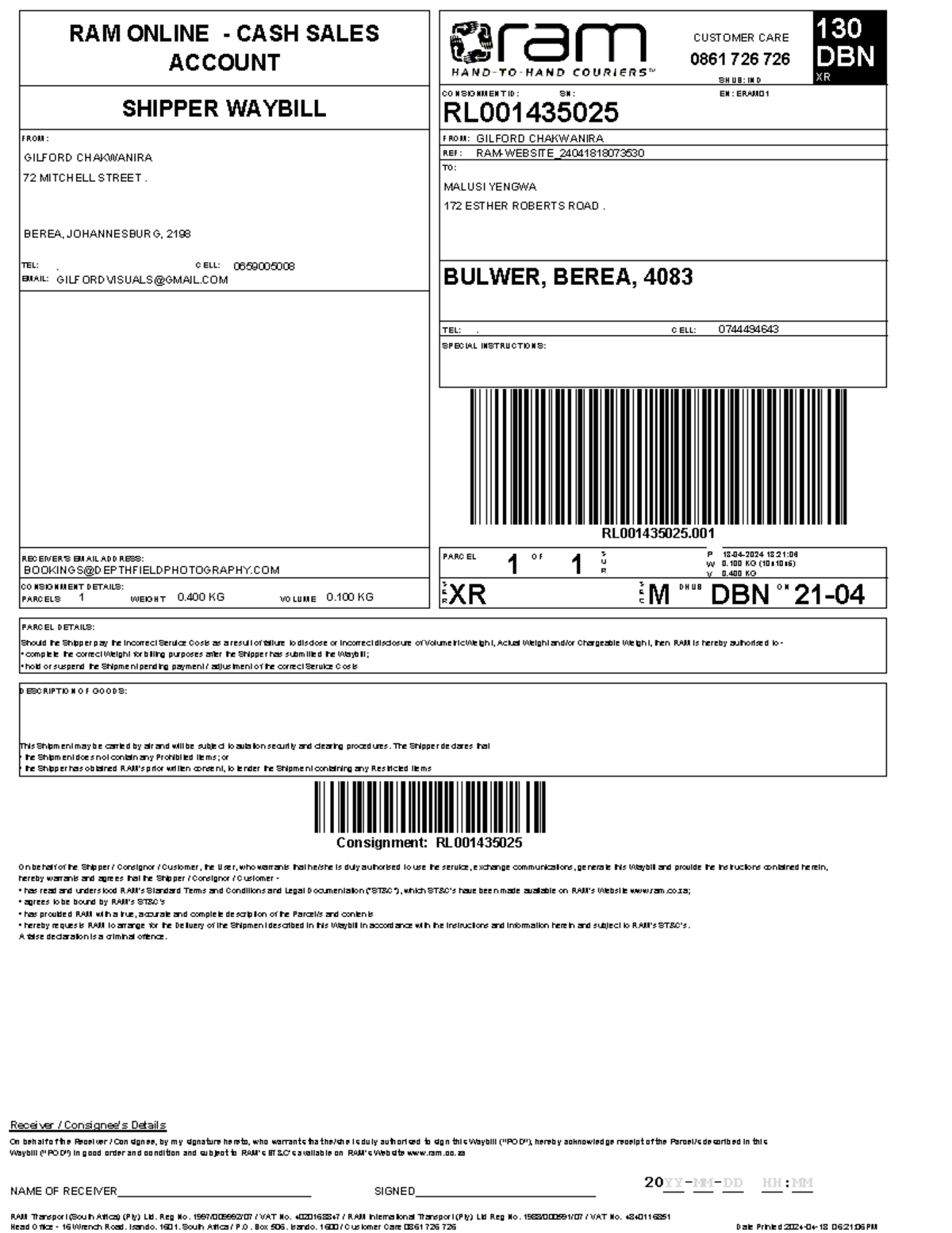 Waybill RL001435025 - Invoice example - P SE C CONSIGNMENT ID: SHIPPER ...