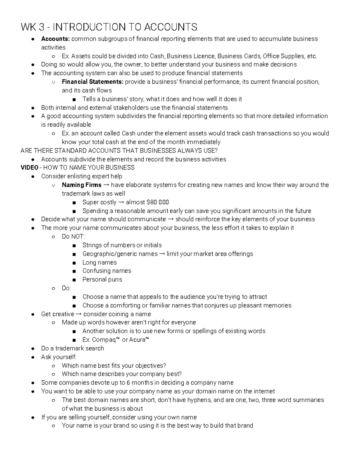 WK 3 - notes for CACC 100 - WK 3 - INTRODUCTION TO ACCOUNTS Accounts ...