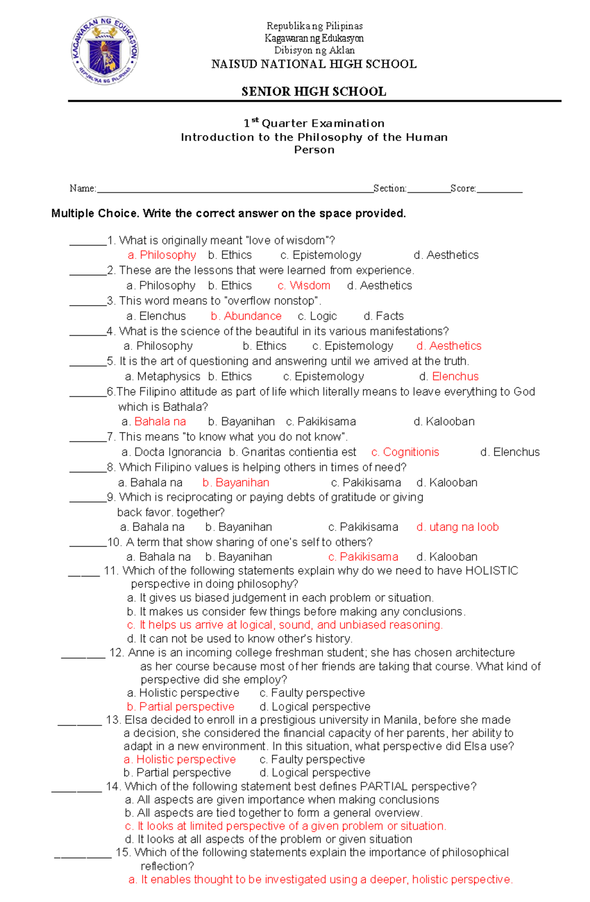 620779772 1st Quarter Exam on Introduction to the Philosophy of the ...